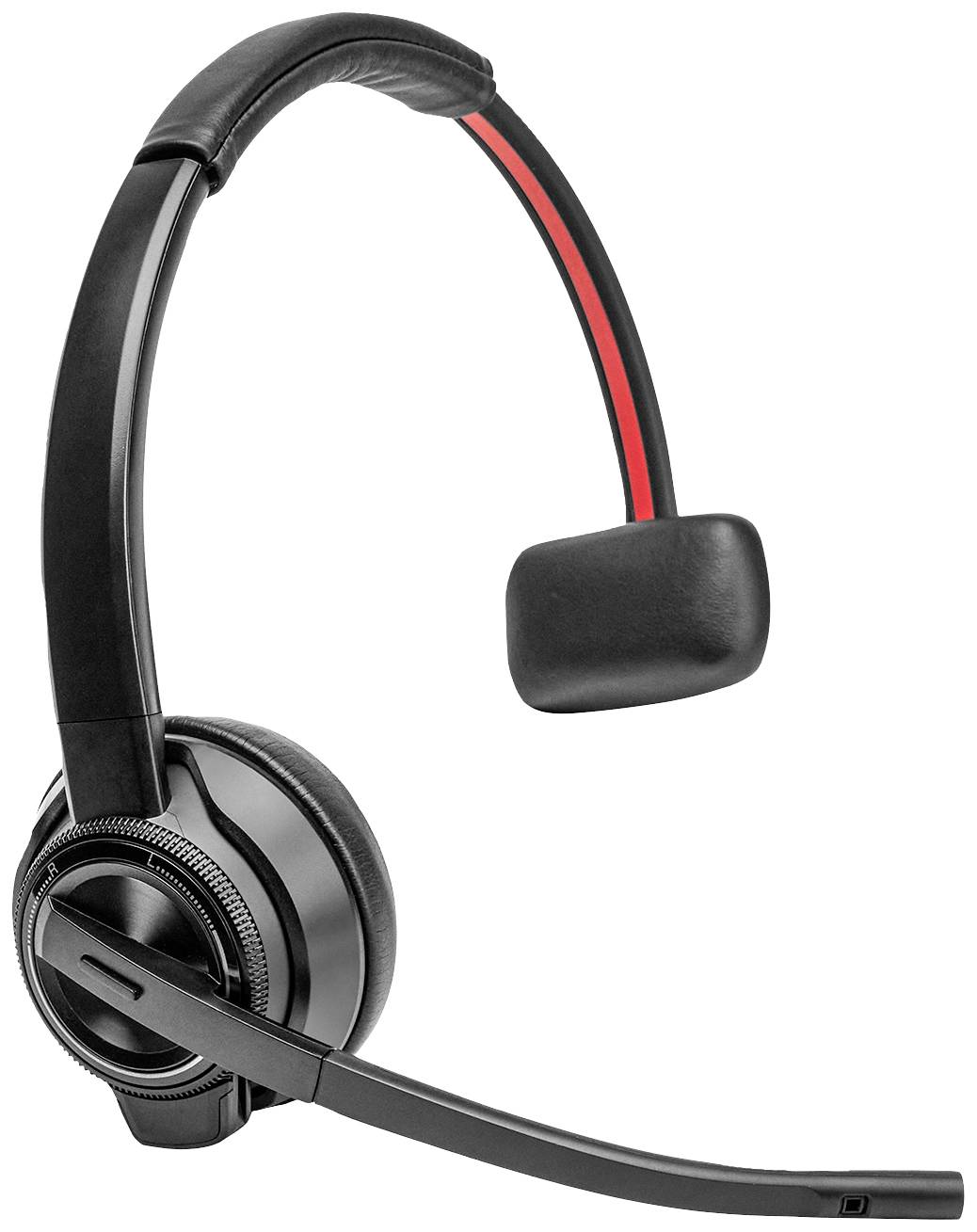 Einseitiges, schwarzes Headset mit verstellbarem Mikrofonarm und gepolstertem Ohrteil. Ideal für Telefonate und Online-Meetings.