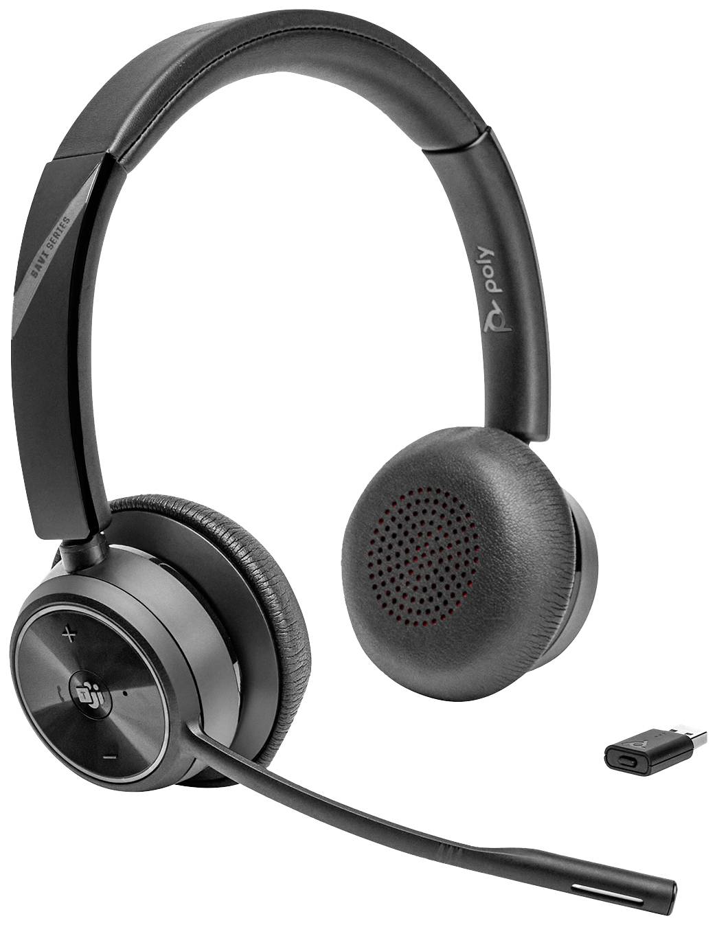 Schwarzes kabelloses Headset mit Mikrofonarm und USB-A-Dongle, Marke Poly, geeignet für PC-Kommunikation.