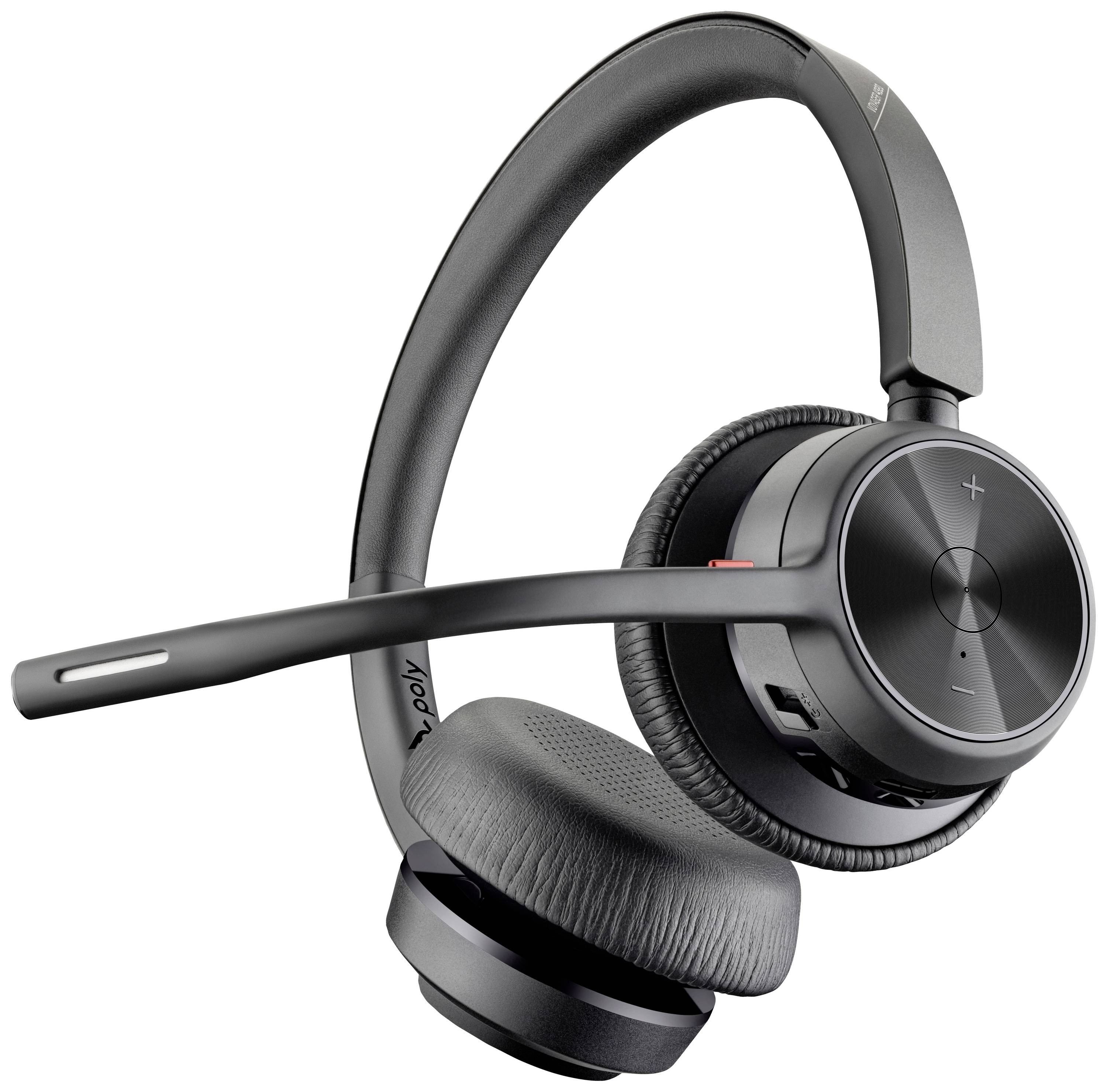 Schwarzes, drahtloses Over-Ear-Headset mit Hochglanz-Finish und integrierter Steuerungstaste an der Ohrmuschel.