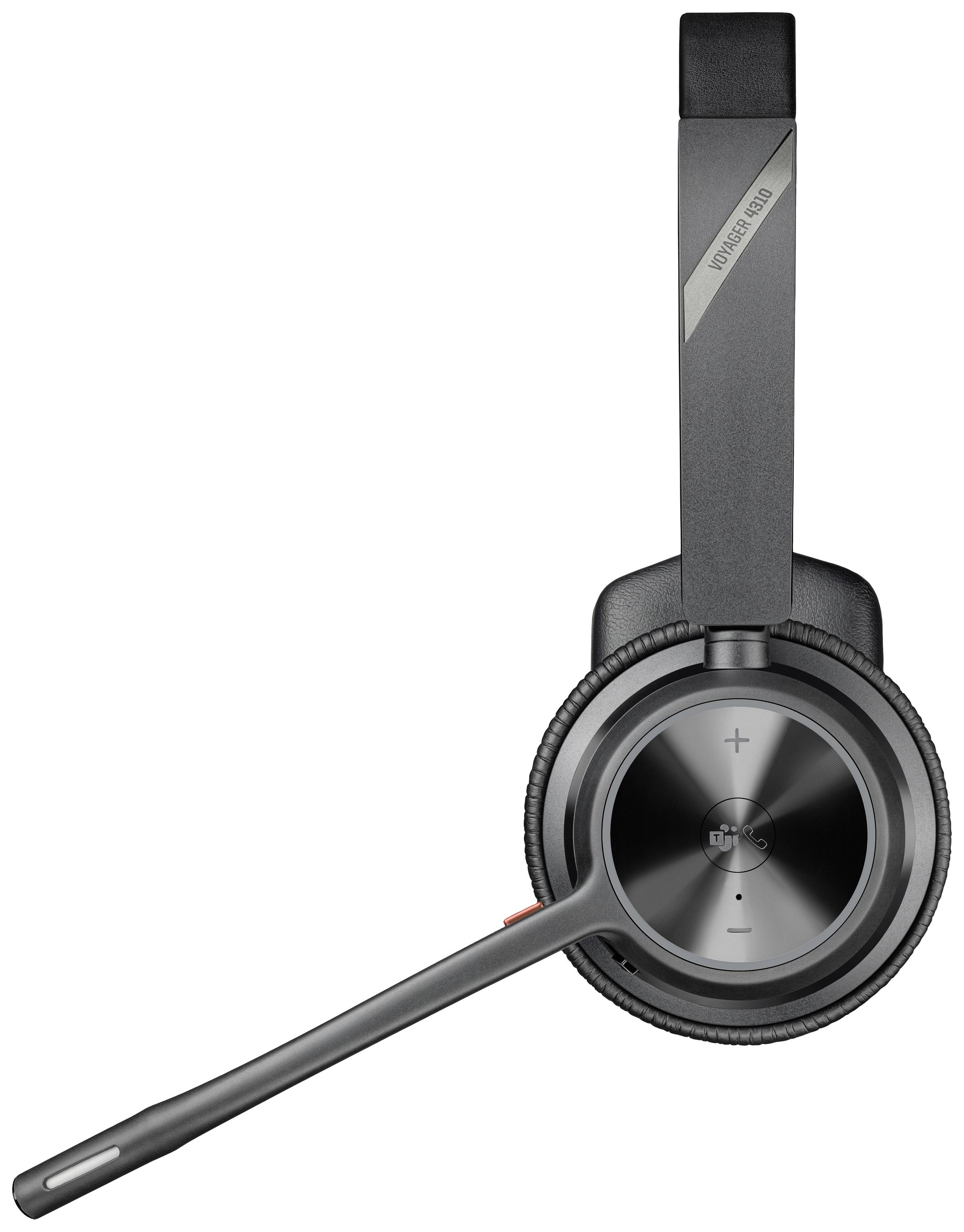 Drahtloses einseitiges Headset, schwarzes Design, Bügel mit Mikrofon und Bedienelementen auf dem Ohrstück für Lautstärkeregelung.