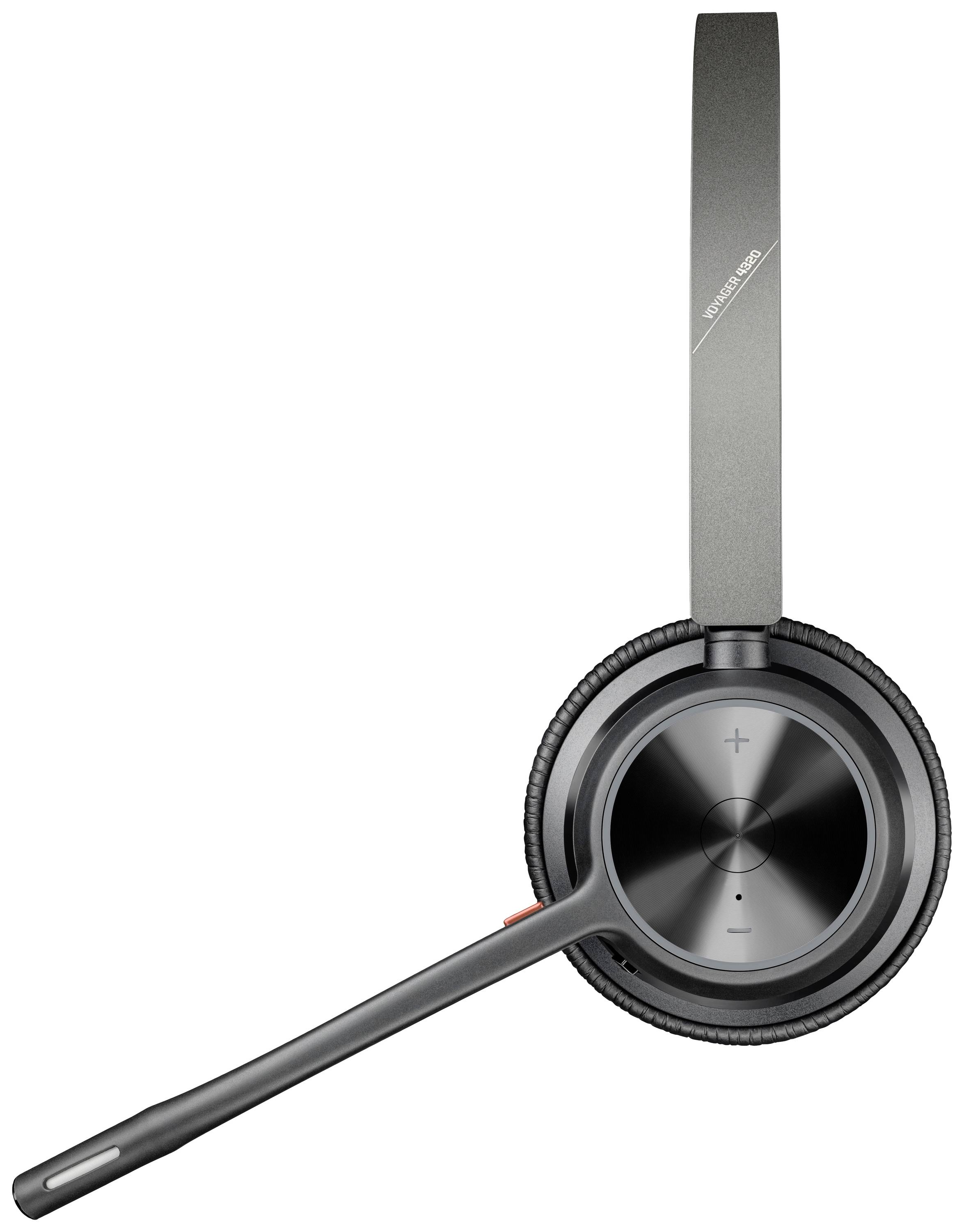 Schwarzes Headset mit Mikrofonarm und Bedientasten, geeignet für Telefonkonferenzen oder Musik. Markierung zeigt Lautstärkeregler.