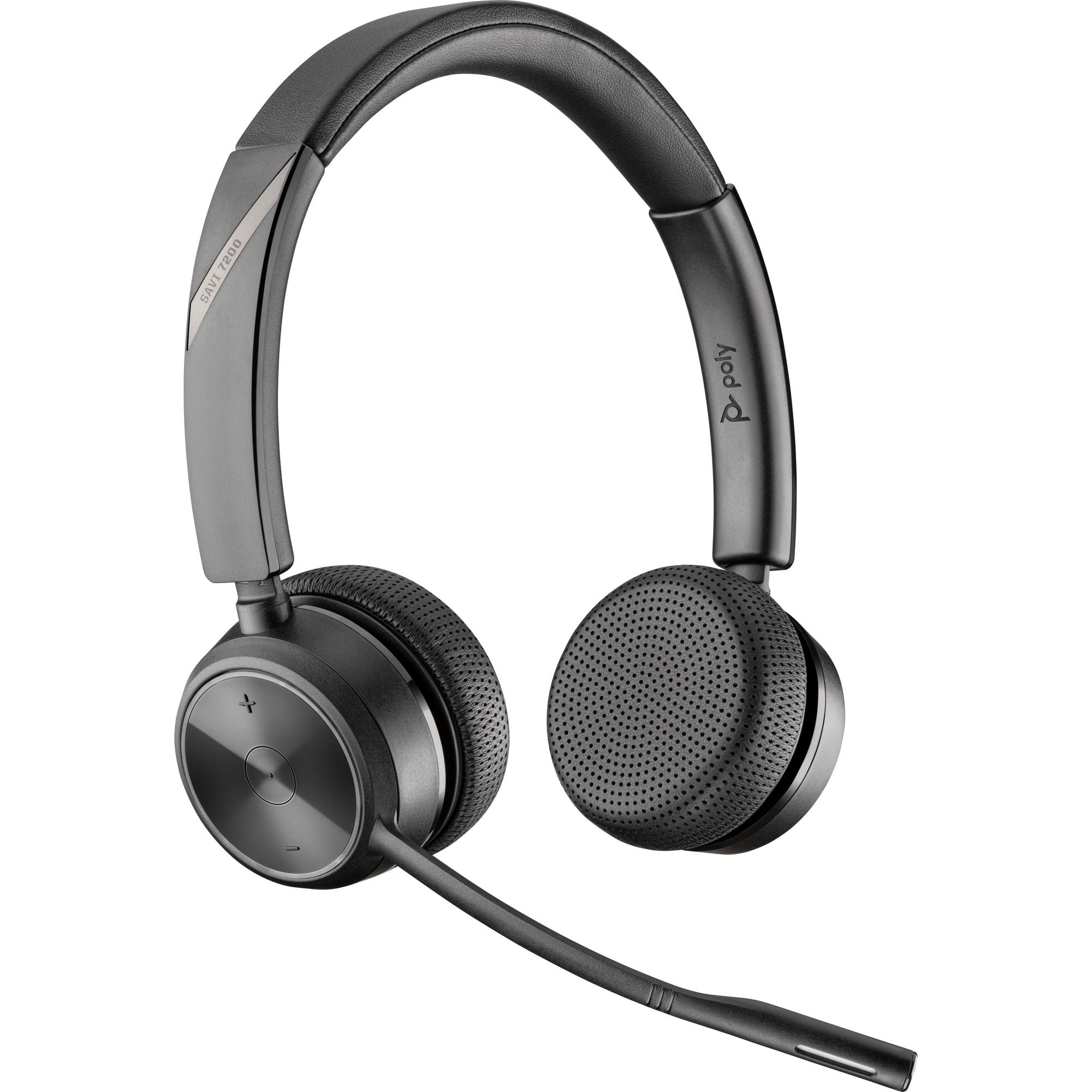 Ein schwarzes Poly USB-Headset mit Mikrofon, geeignet für Audioanrufe und Musik, mit weichen Ohrpolstern und flexiblem Kopfbügel.