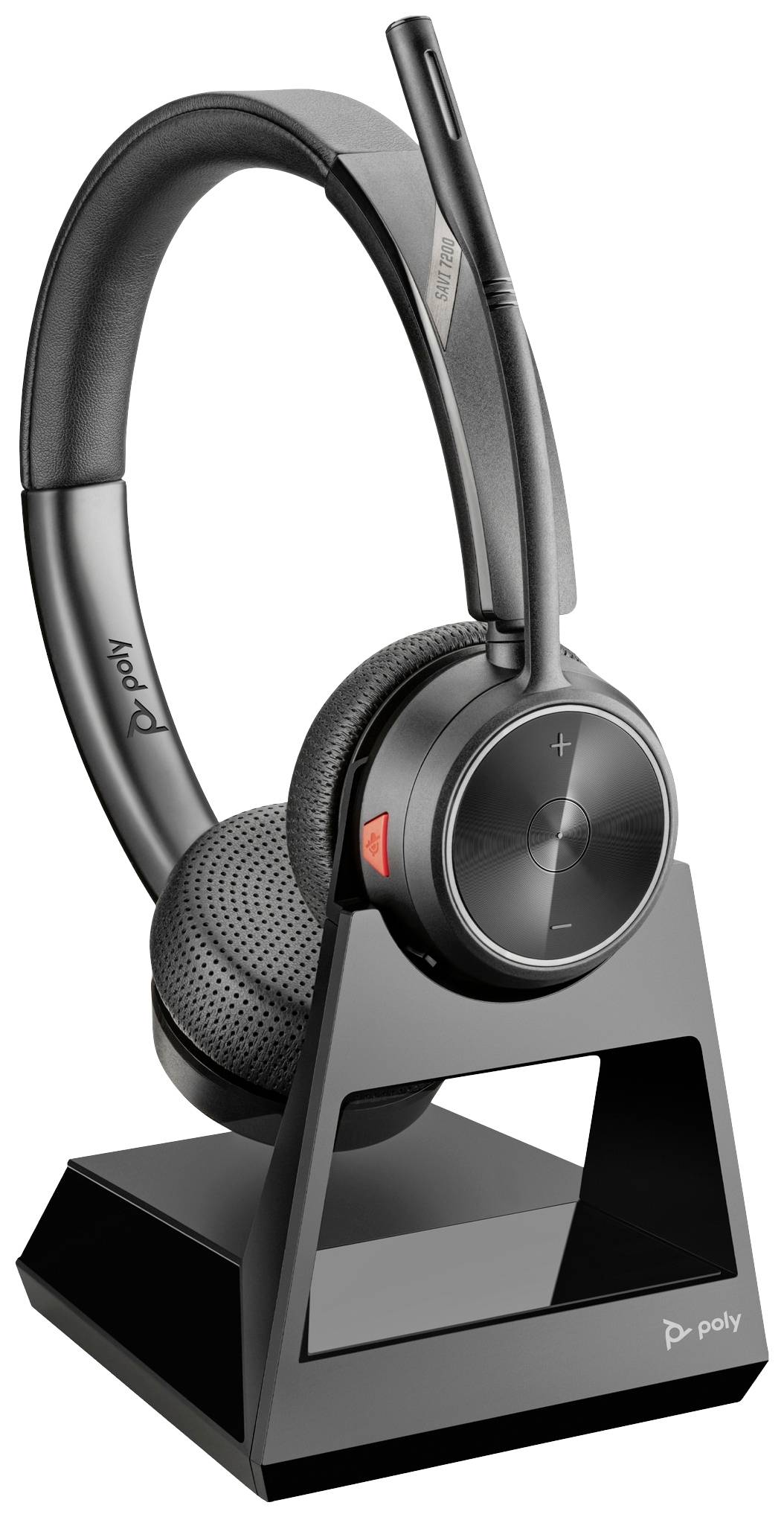 Schwarzes kabelloses Headset in Dockingstation mit Mikrofon und Lautstärkeregelung. Markennamen auf Kopfbügel und Ständer.