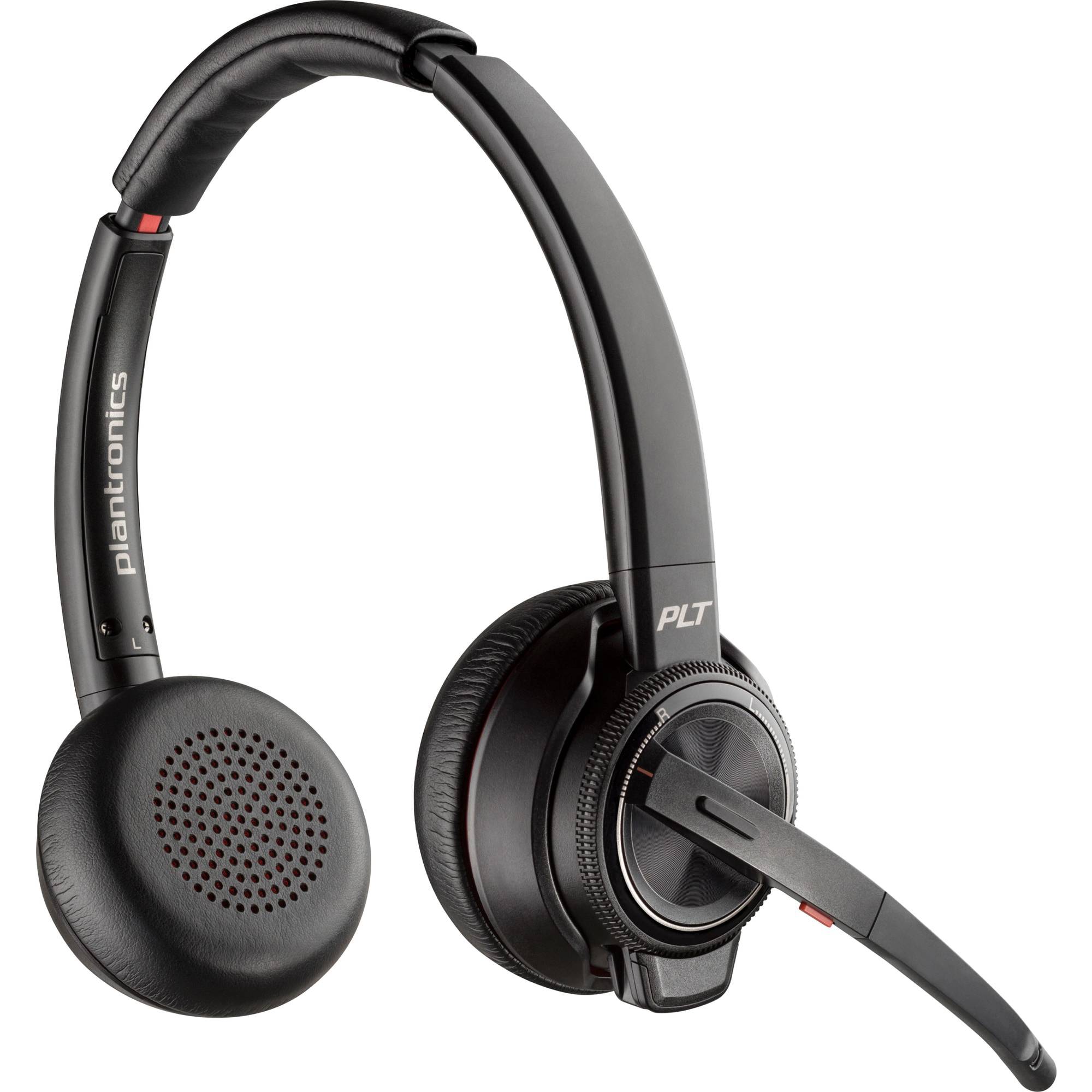 Schwarzes drahtloses Headset mit Mikrofon, geeignet für Telefonate und Musik. Markierung 'plantronics' an der Seite.