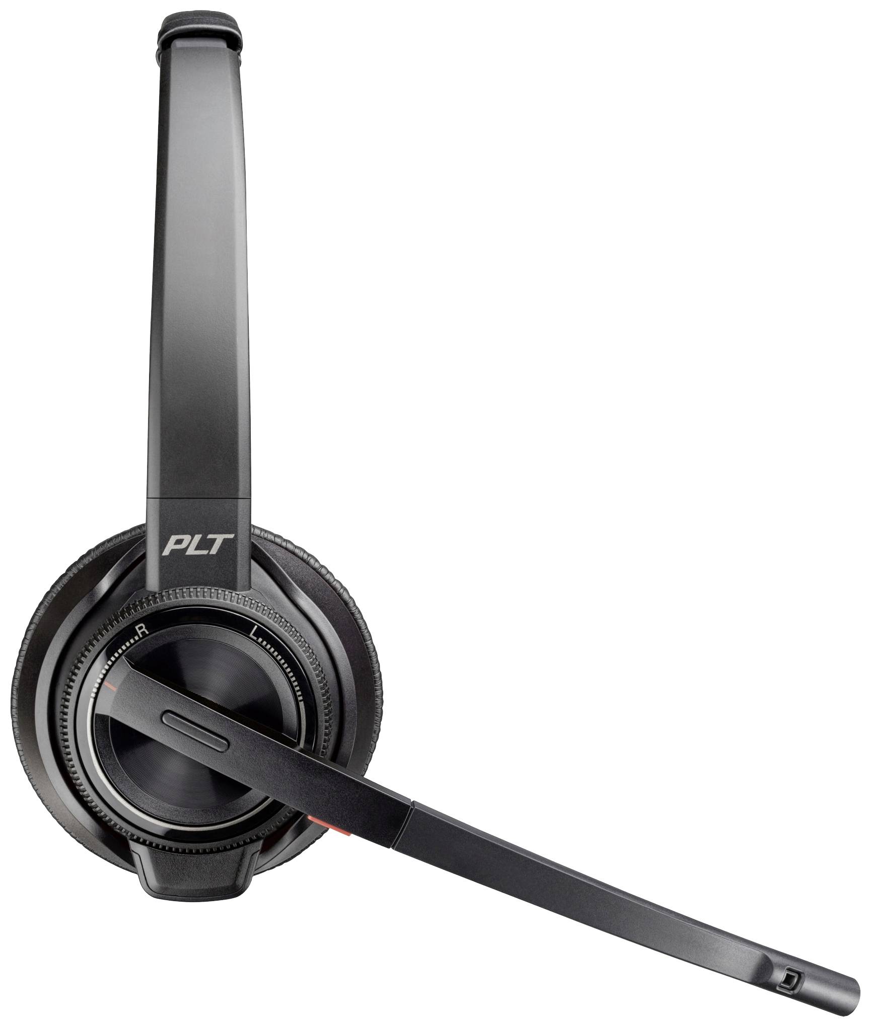 Ein schwarzes Headset mit Mikrofon, schwenkbarem Bügel und gepolstertem Ohrmuschel zeigt das 'PLT'-Logo auf der Seite.