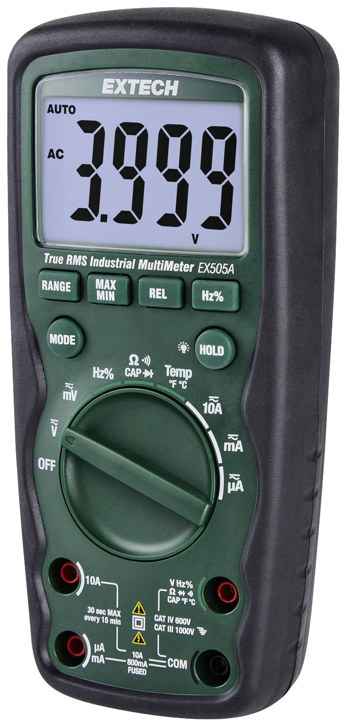 Ein digitales Multimeter mit grünem Gehäuse zeigt '3.999' auf dem Display. Es hat zahlreiche Schalter und Tasten für Messungen.