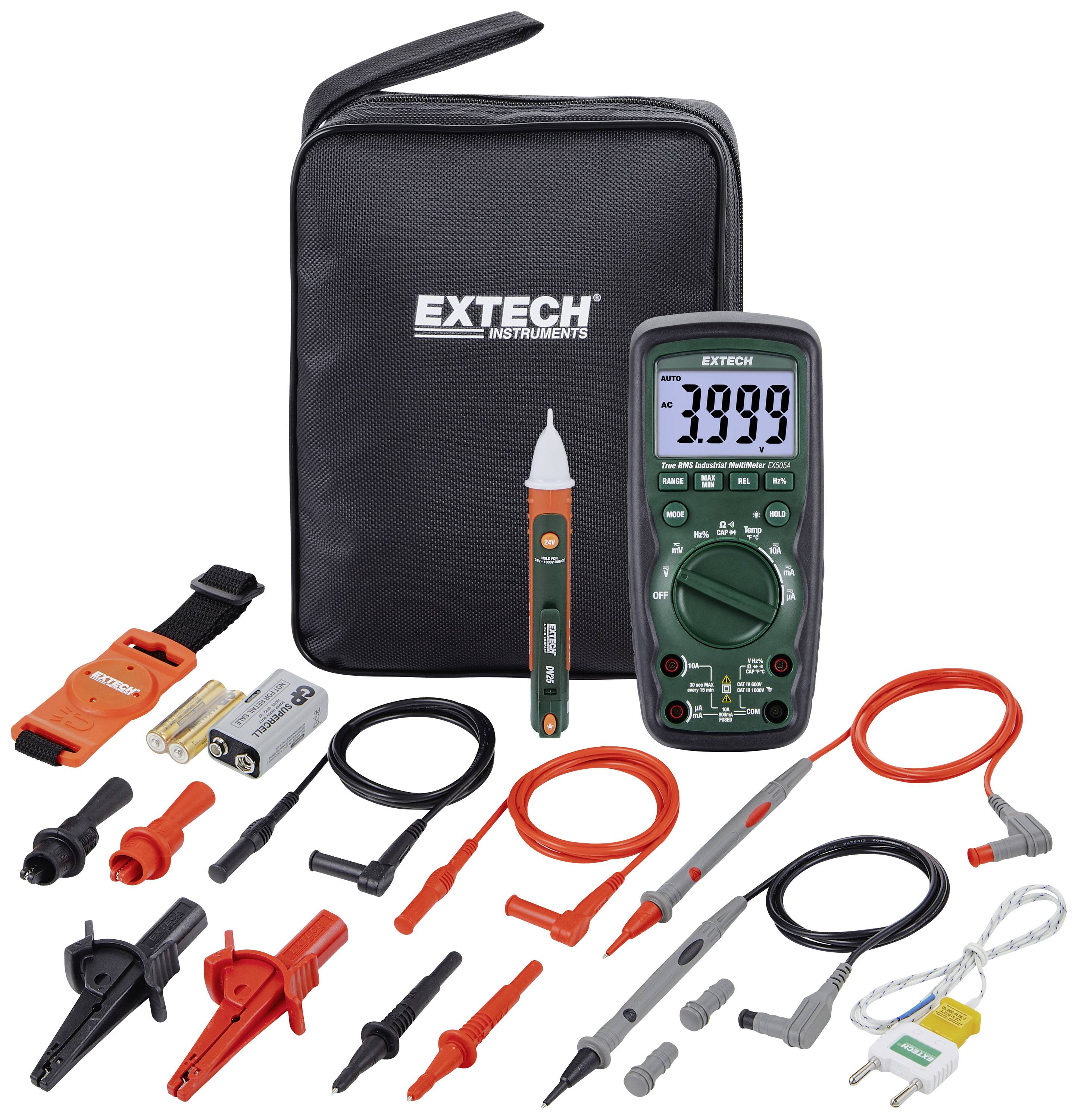 Satz mit Multimeter, Spannungsprüfer, Kabeln und Zubehör auf weißem Hintergrund.