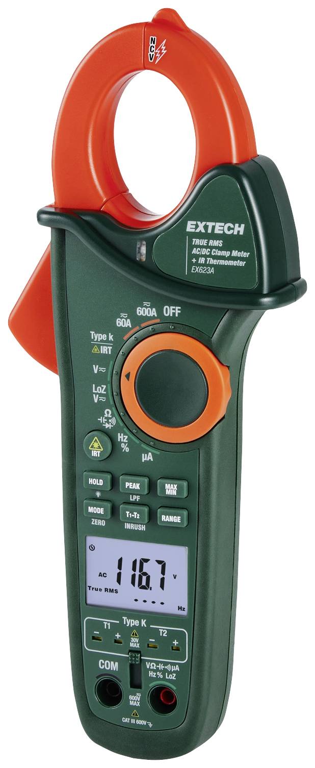 Ein digitales Strommessgerät mit Klammerfunktion und Display, das den Wert '116.7' anzeigt. Modell- und Markennamen sind sichtbar.