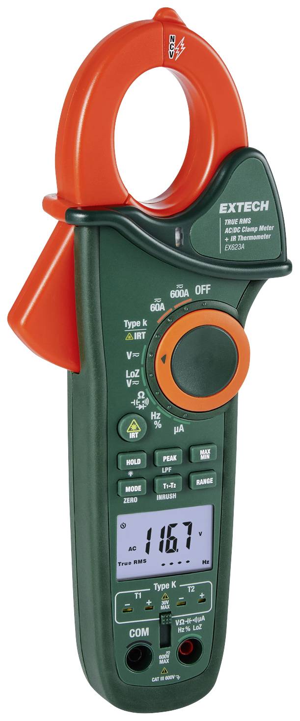 Ein digitales Zangenmultimeter mit orangefarbener Klemmzange und grünem Gehäuse zeigt auf einem Display den Wert '116.7' an.