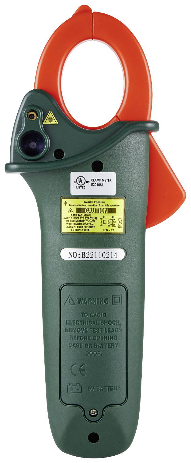 Ein grünes Strommessgerät mit orangener Klemme und gelbem Warnhinweis. Es misst die elektrische Spannung und ist batteriebetrieben.