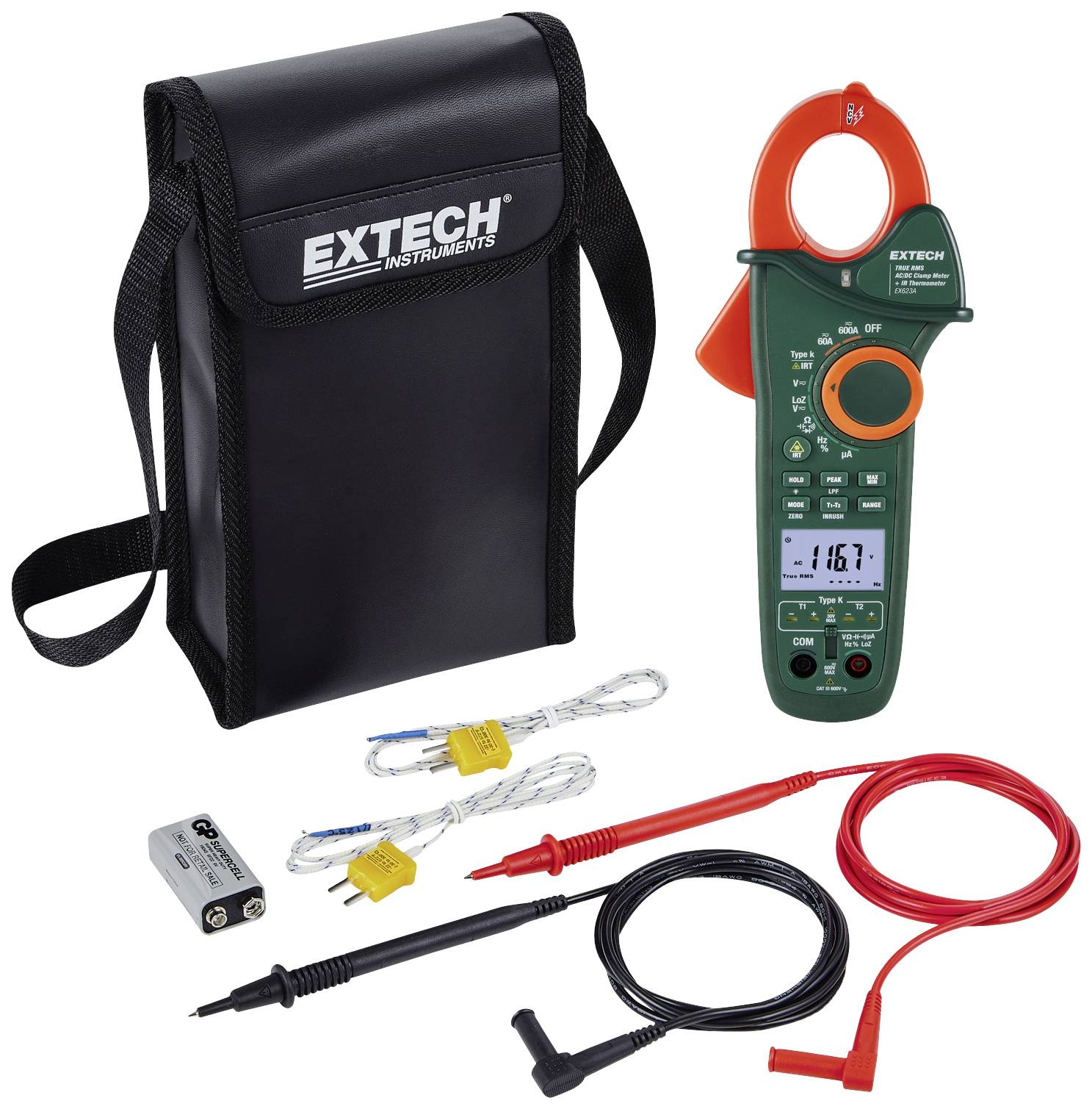 Ein digitales Zangenmultimeter-Set von Extech mit Kabeln, Temperatursensor, Batterie und Tragetasche.