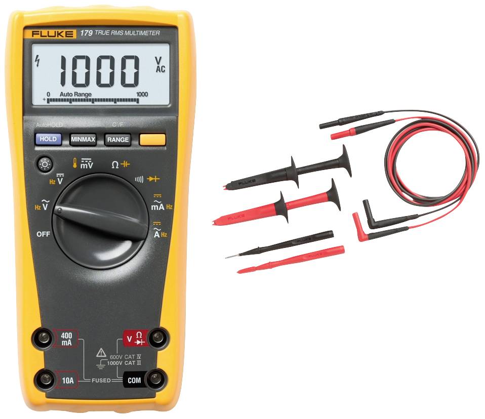 Digitalmultimeter mit gelbem Gehäuse zeigt '1000 V AC' an. Fünf Prüfspitzen mit roten und schwarzen Kabeln sind neben dem Gerät.