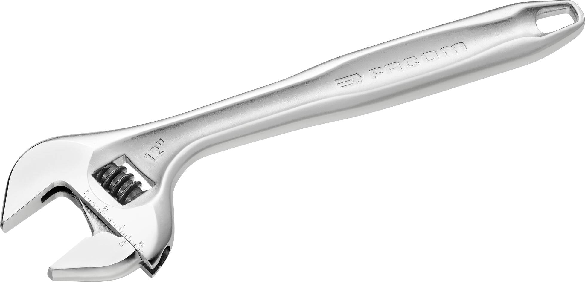Silberner verstellbarer Schraubenschlüssel, 12 Zoll, mit ergonomischem Griff und Skala zur Einstellung der Spannweite.