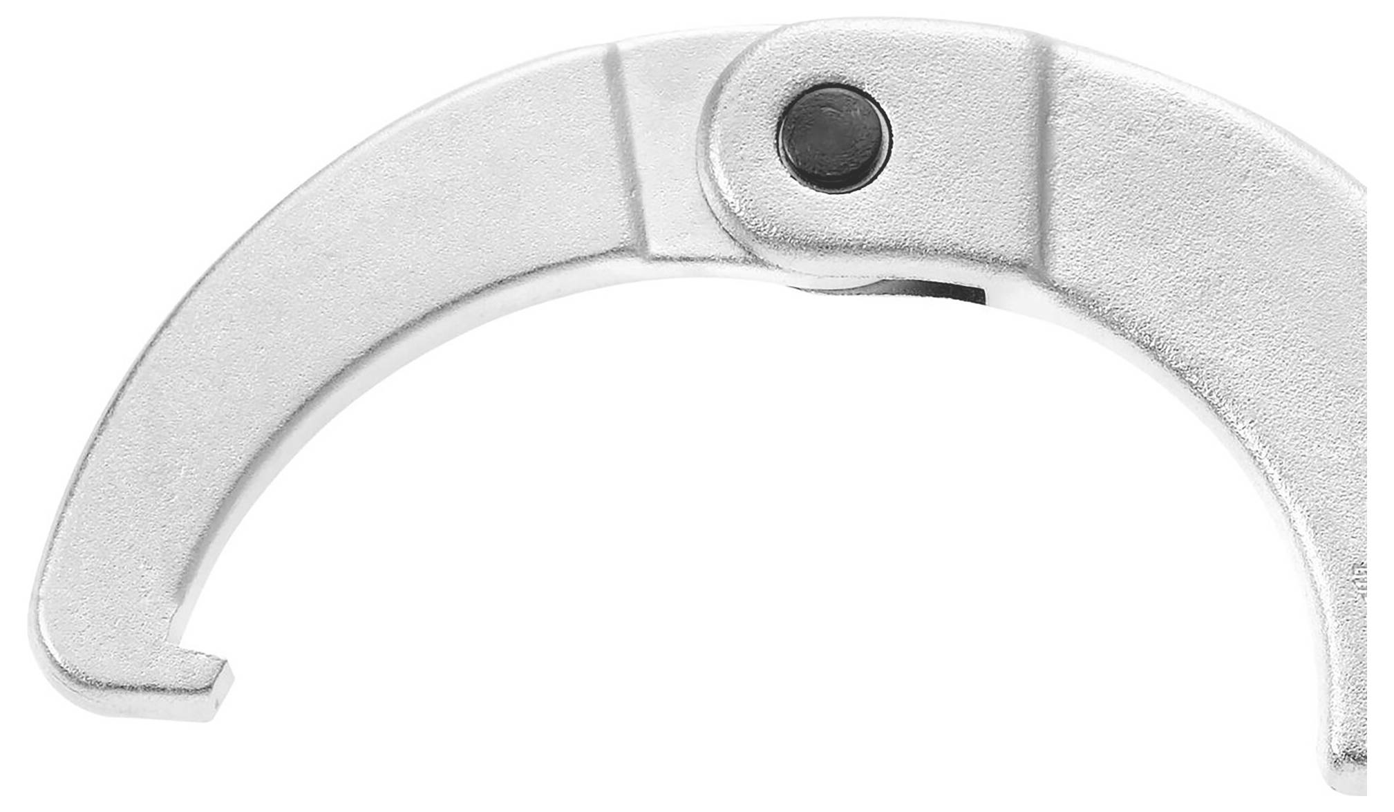 Metallschlüssel mit gebogener Spitze und Druckknopf, möglicherweise ein spezieller Werkstattschlüssel oder Spannvorrichtung.