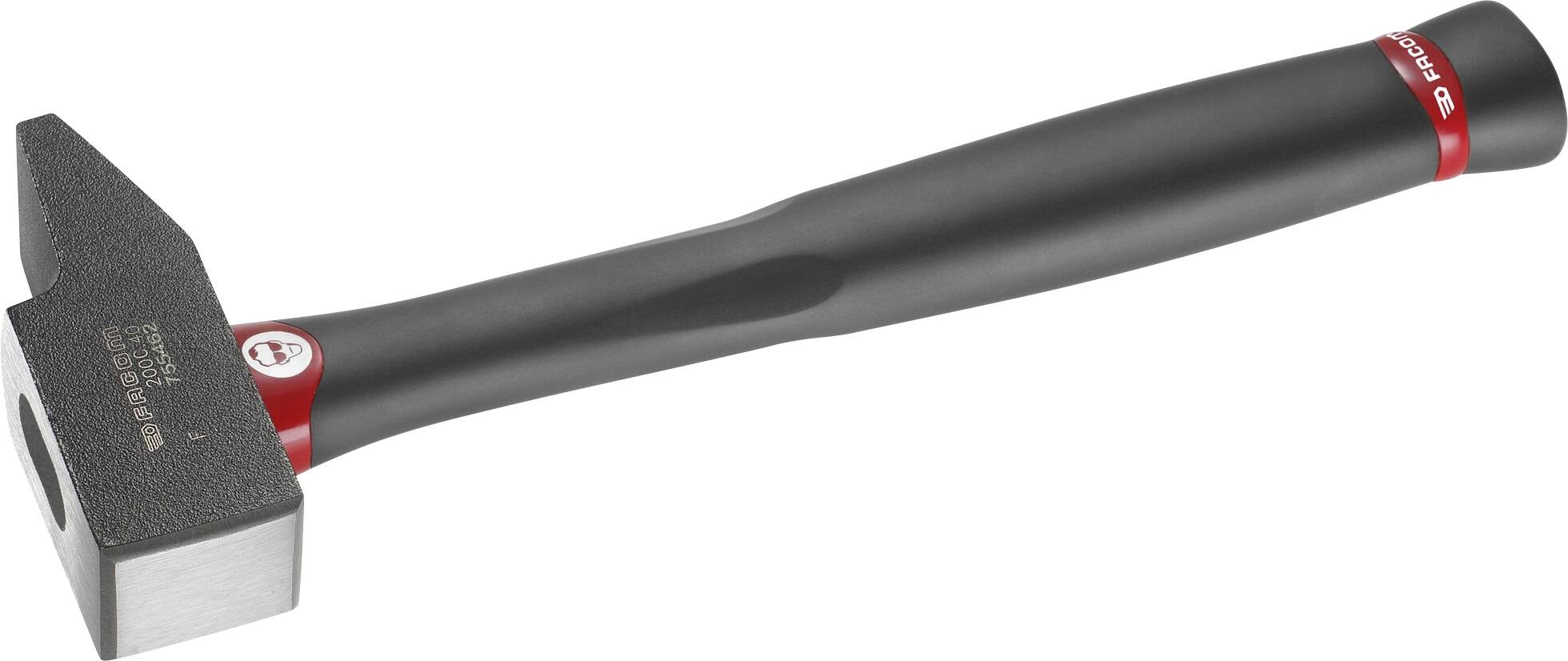 Schwarzer Hammer mit rotem Detail am Griff, seitlich liegend.