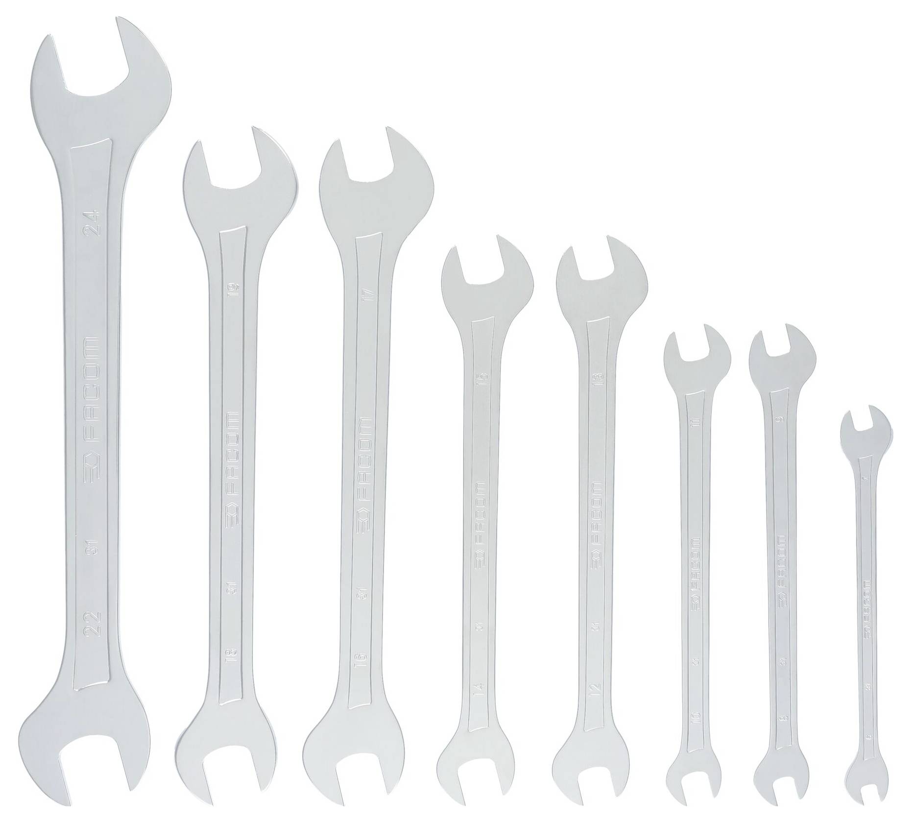 Acht Schraubenschlüssel in verschiedenen Größen, von groß nach klein geordnet.