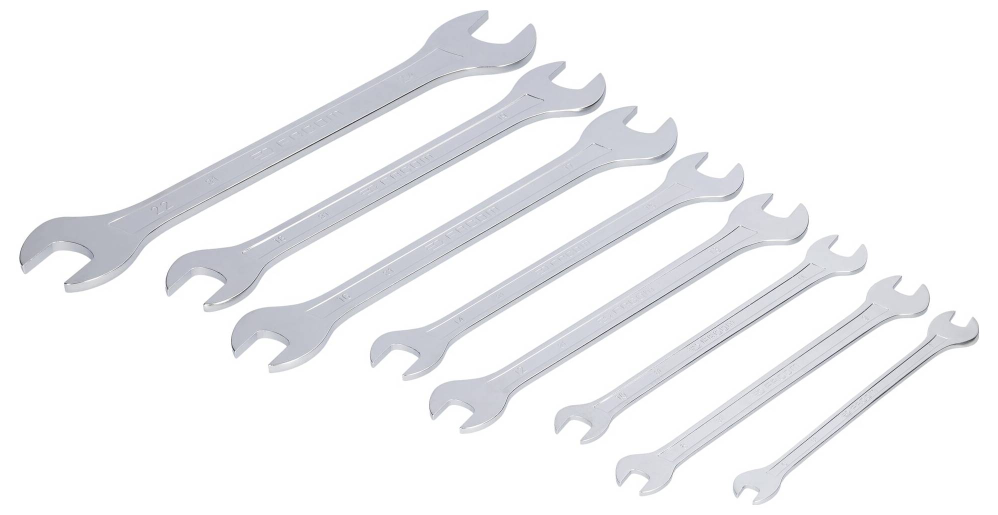 Ein Set von acht metallischen Maulschlüsseln in unterschiedlichen Größen, aufgereiht von größer nach kleiner.