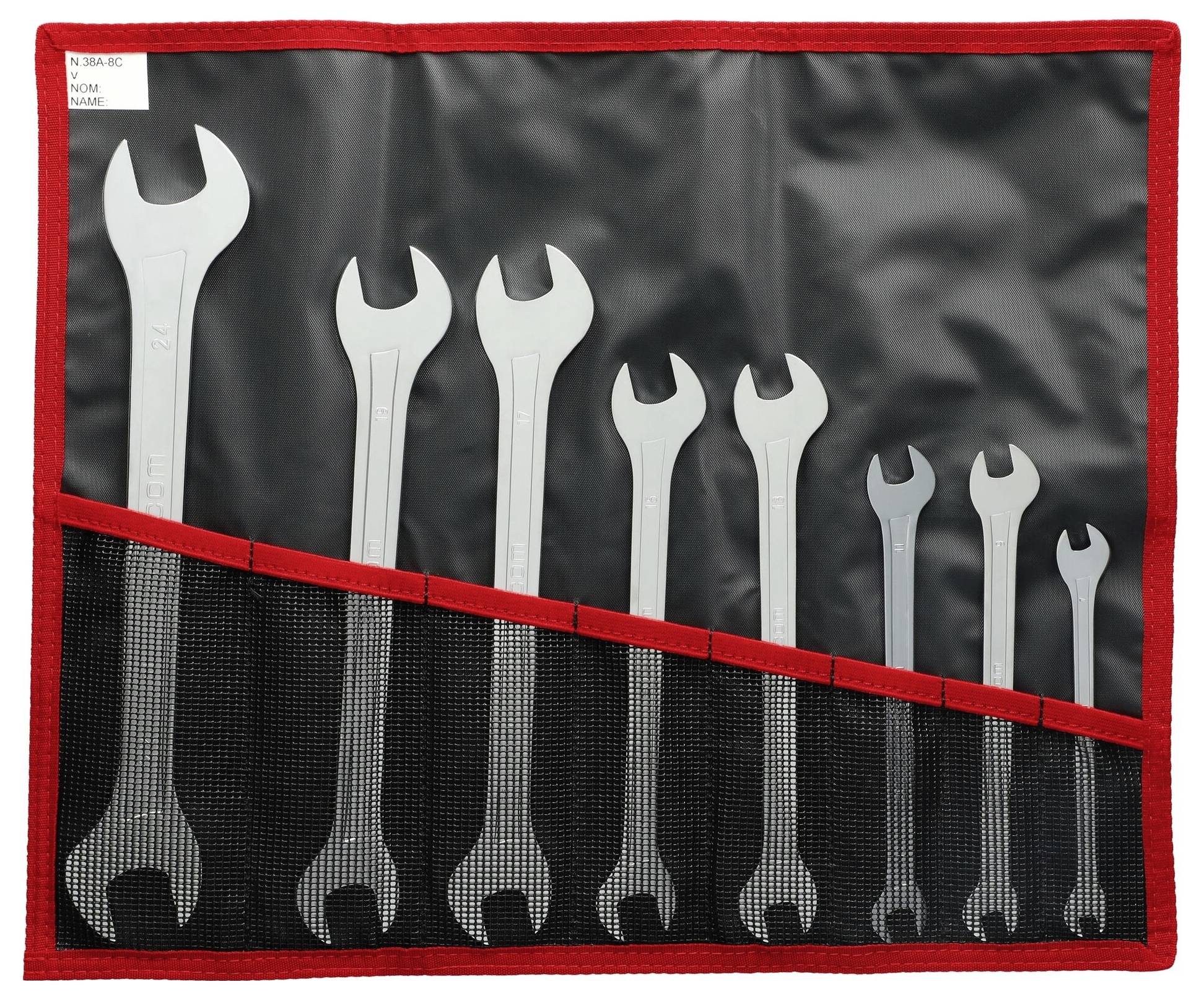 Ein Satz Schraubenschlüssel in verschiedenen Größen, geordnet von groß nach klein, in einer schwarzen und roten Werkzeughalterung.