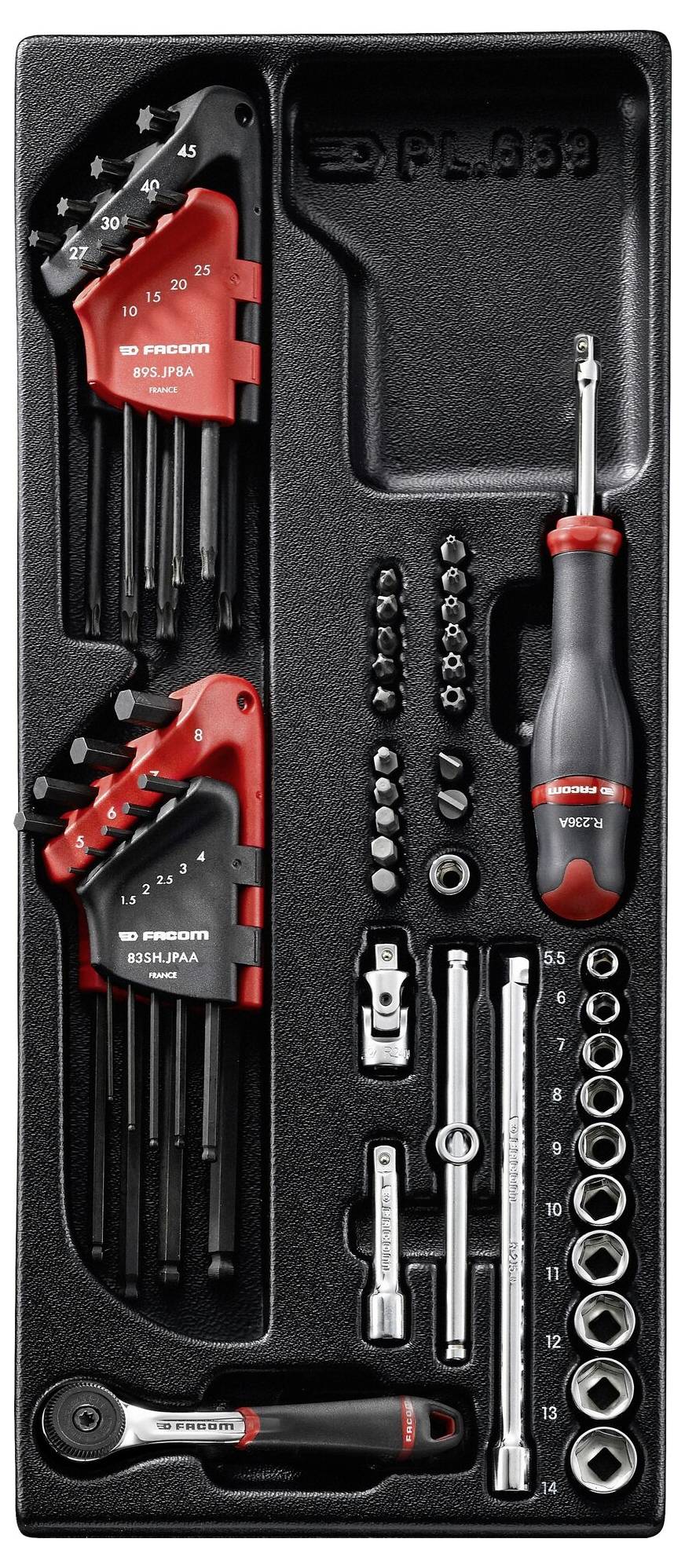 Ein Set von schwarzen und roten Schraubwerkzeugen in einem Formeinsatz. Enthält Inbusschlüssel, Schraubendreher, Bits und Steckschlüssel.