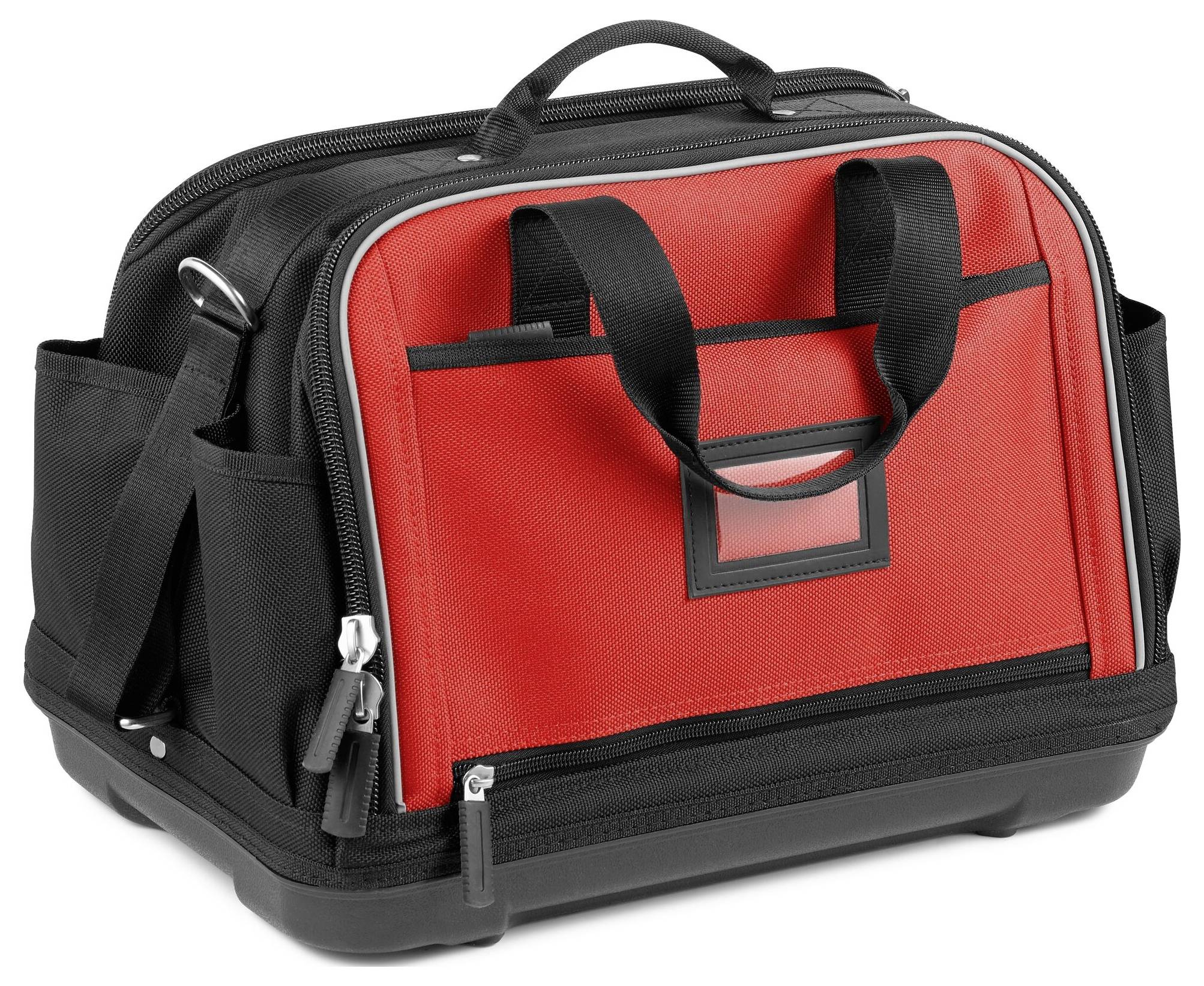 Rote und schwarze Werkzeugtasche mit Reißverschluss und mehreren Fächern. Robust und tragbar für den Transport von Werkzeugen.