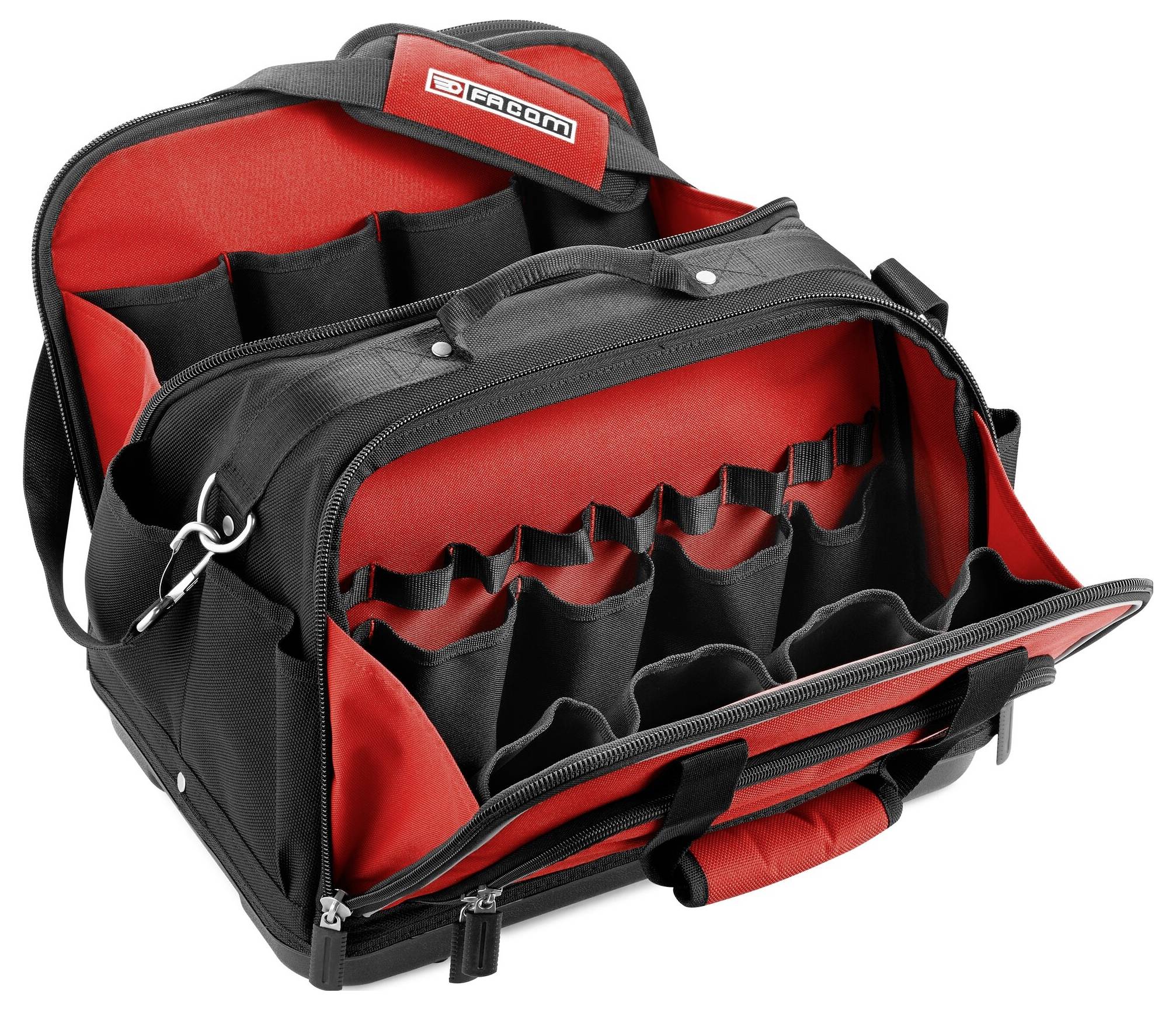 Schwarze Werkzeugtasche mit roten Innenfächern, mehreren Taschen und einem Tragegriff, ideal für die Aufbewahrung und Organisation von Werkzeugen.