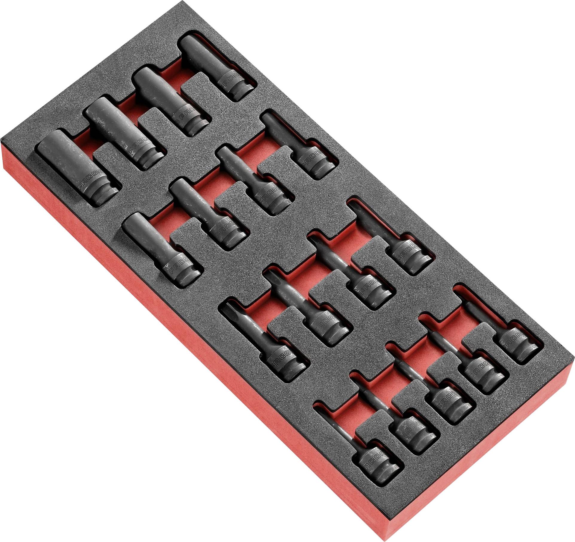 Satz Inbus-Steckschlüssel, gut organisiert in einer Schaumstoffeinlage, verschiedene Größen von Nüssen, auf rotem Hintergrund.