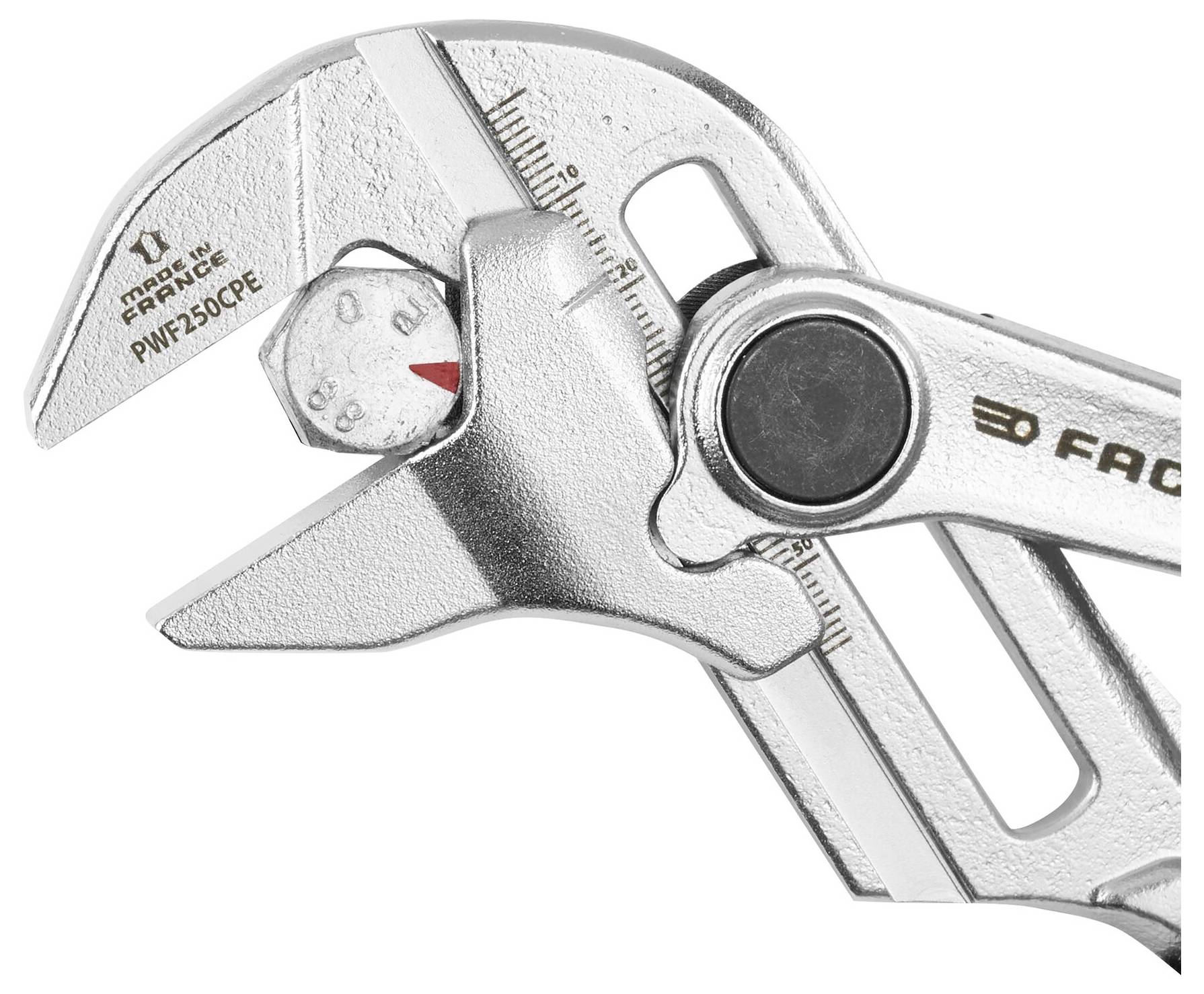 Nahaufnahme eines verstellbaren Schraubenschlüssels aus Chrom mit eingebautem Skalenmesser zur präzisen Größenanpassung.