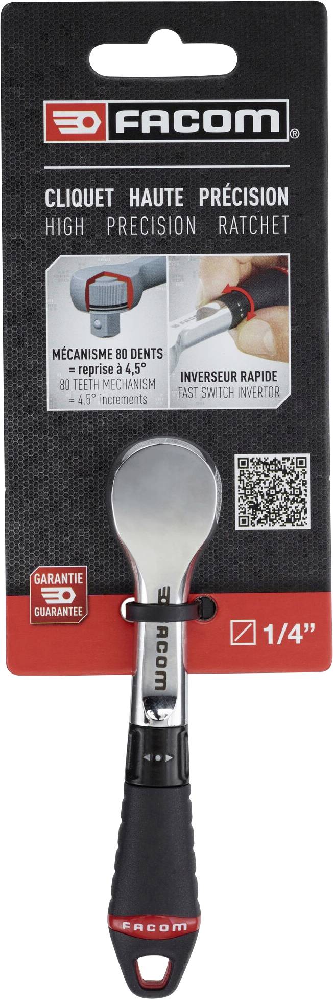 'Facom' Hochpräzisions-Ratschenschlüssel mit 80-Zahn-Mechanismus und Schnellumschalter, 1/4 Zoll, auf einer roten Verpackung dargestellt.