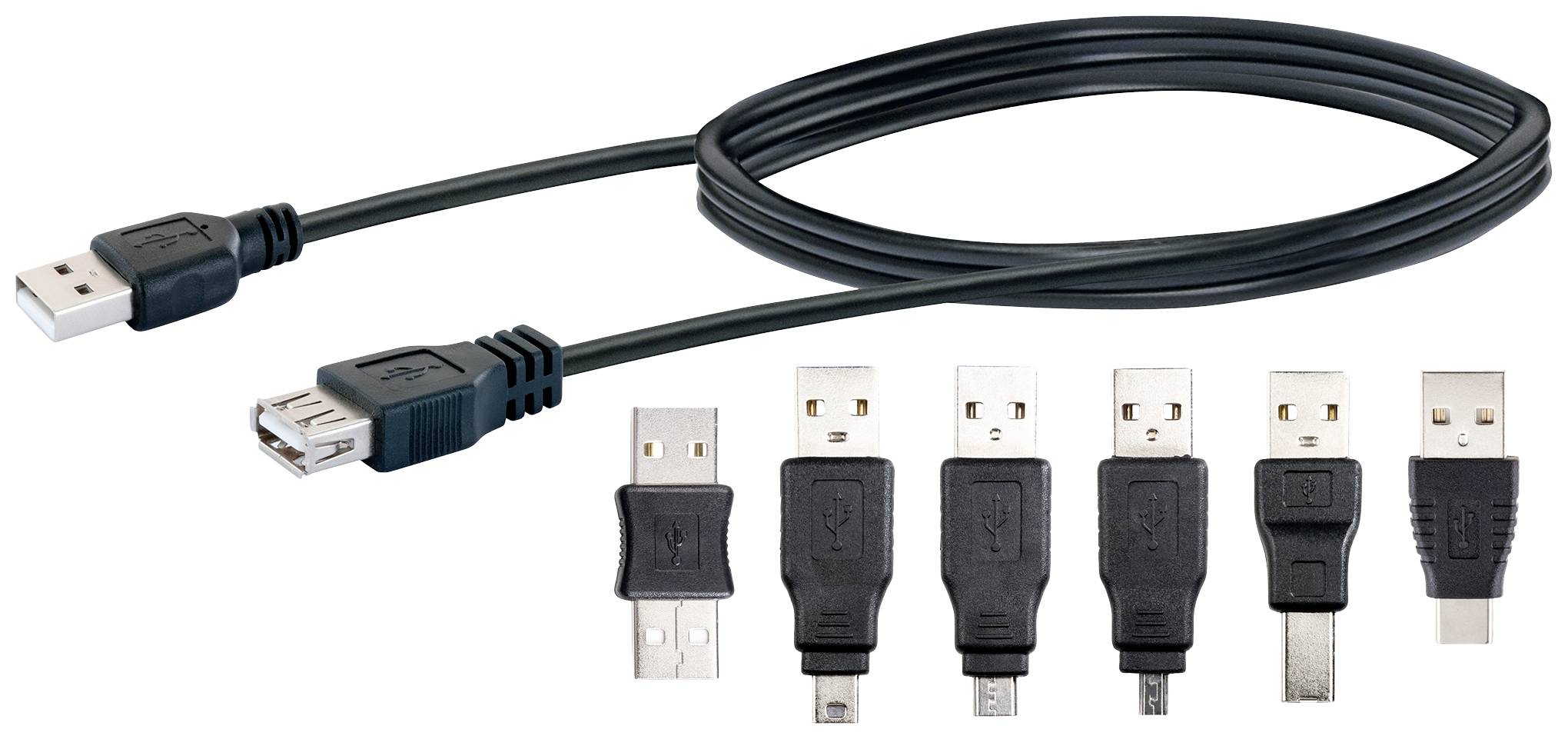 Abbildung von USB-Kabel und verschiedenen USB-Steckertypen, darunter Typ A, B, Mini-USB, und Micro-USB, auf weißem Hintergrund.