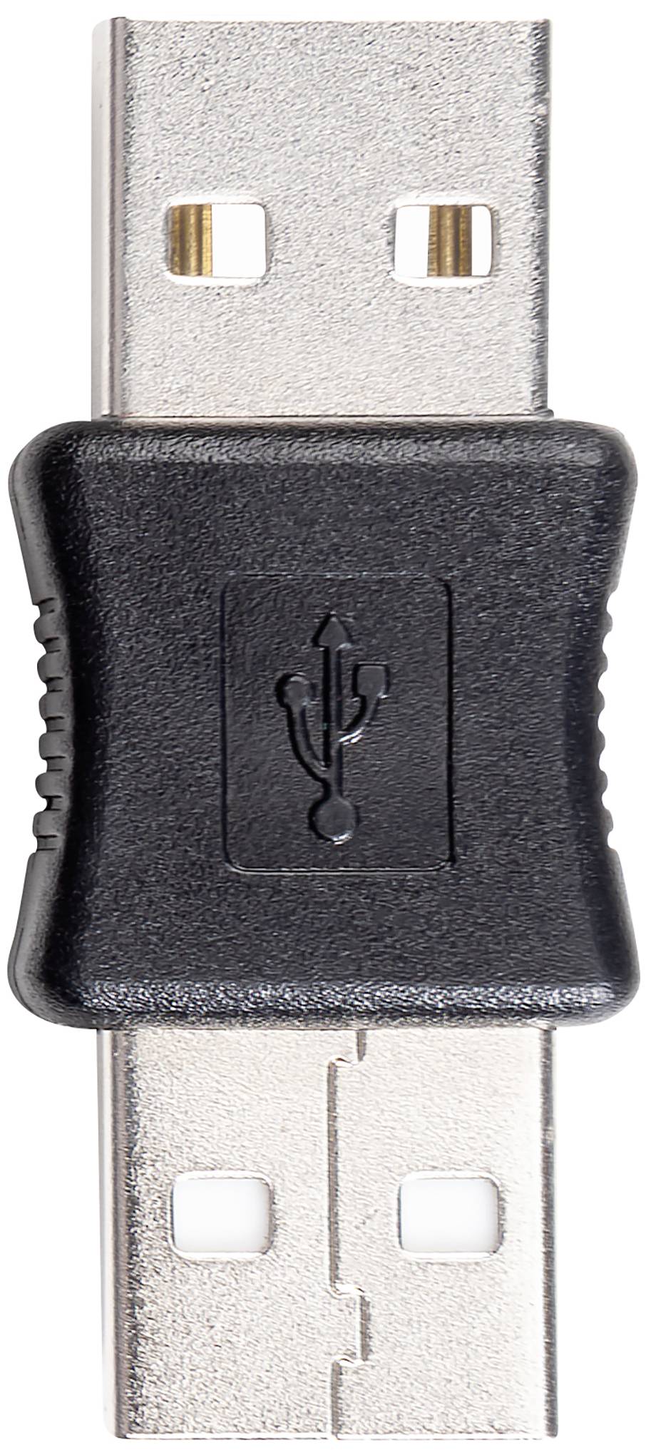 USB-Adapter mit schwarzem Kunststoffgehäuse, zeigt das USB-Symbol, verbindet zwei USB-Stecker.