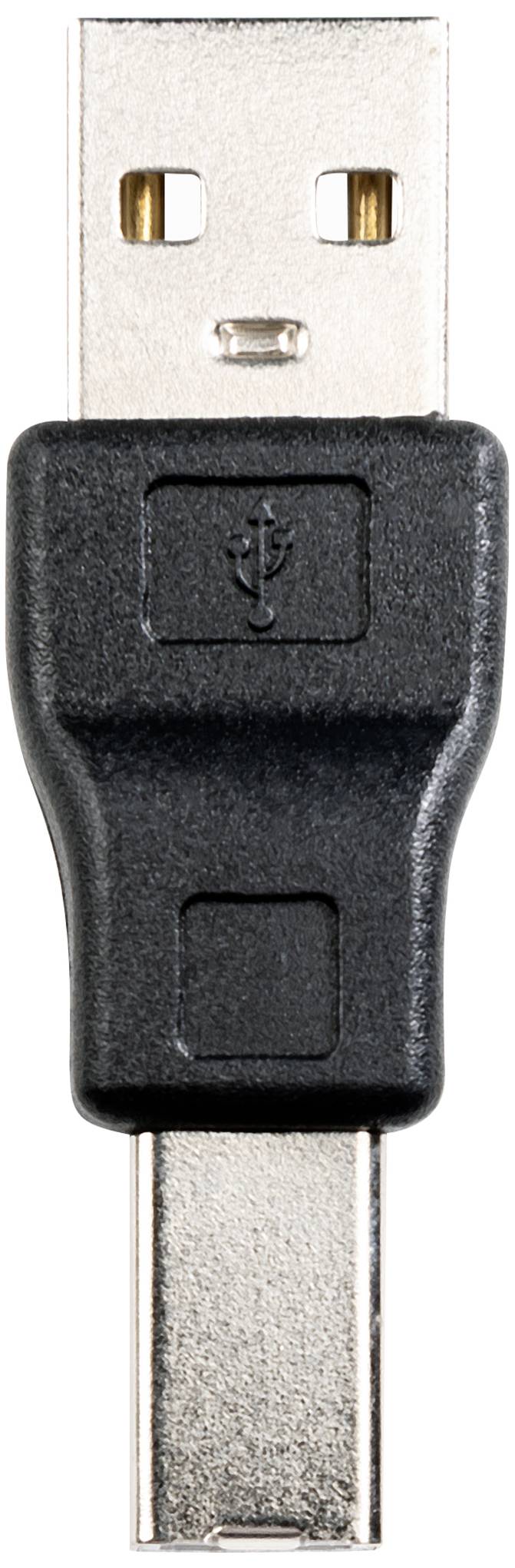 USB-Adapter: Oben Standard-USB-Anschluss, unten Micro-USB-Anschluss, schwarzes Kunststoff-Gehäuse. Verbindet Geräte mit unterschiedlichen USB-Schnittstellen.