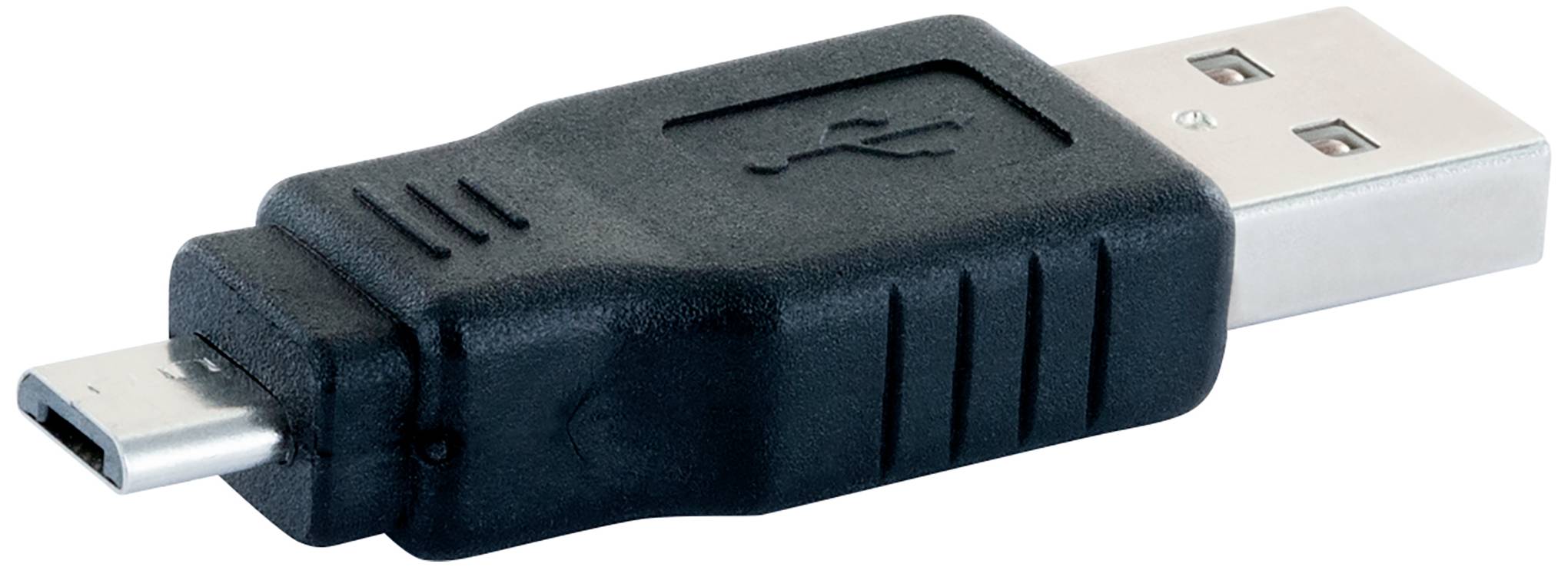 Schwarz-silberner Adapter mit einem Ende USB-Stecker und anderem Ende Micro-USB-Stecker. Dient zur Verbindung verschiedener Geräte.