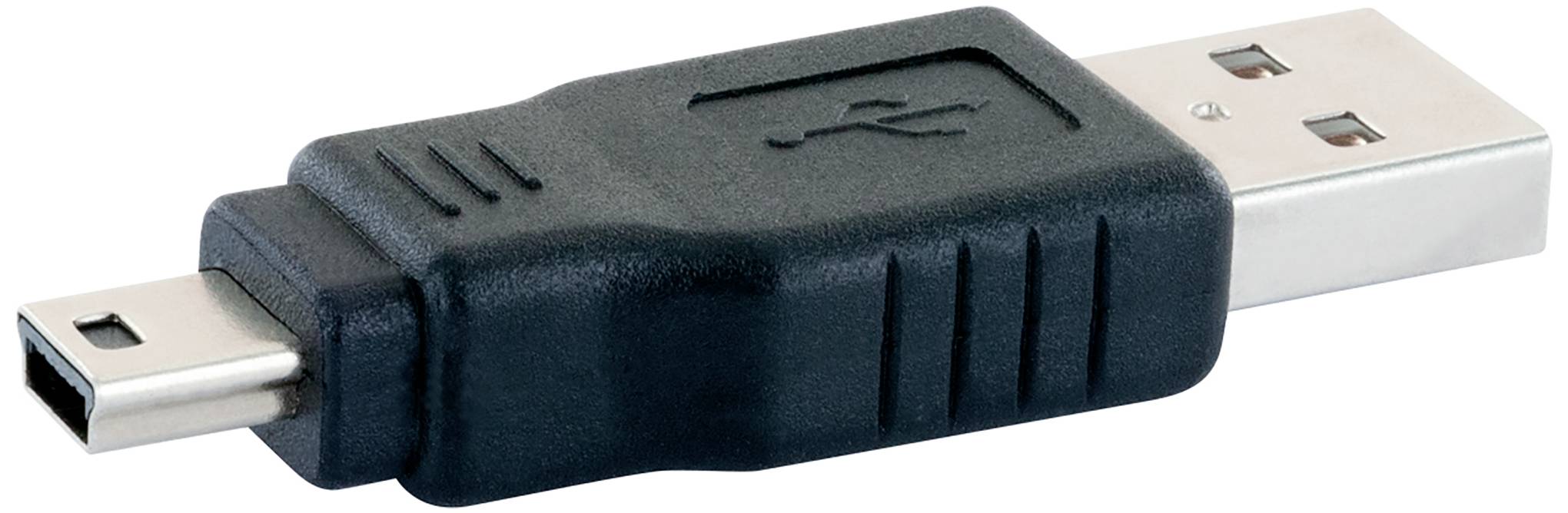 Ein schwarzer USB-Adapter mit einem Standard-USB-Stecker und einem Mini-USB-Anschluss.