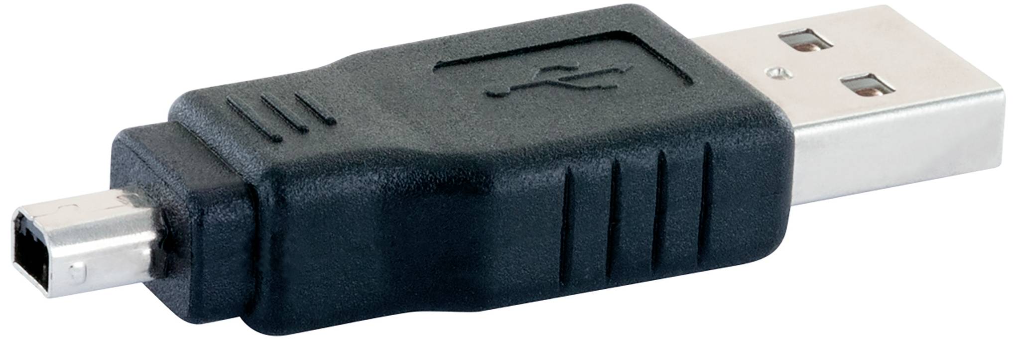 USB-Adapter mit schwarzem Kunststoffgehäuse und zwei verschiedenen Steckverbindern: Mini-USB und Standard-USB.