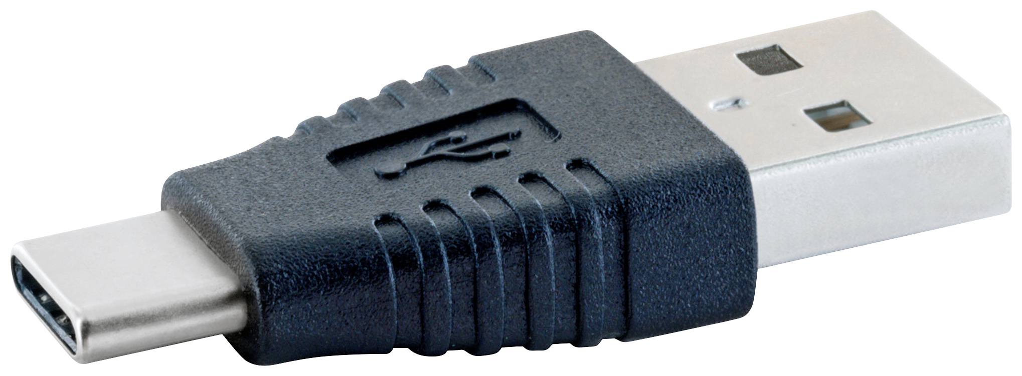 Ein Adapter mit USB-A-Stecker auf USB-C-Stecker in Schwarz und Silber; nützlich zum Verbinden von Geräten mit unterschiedlichen Anschlüssen.