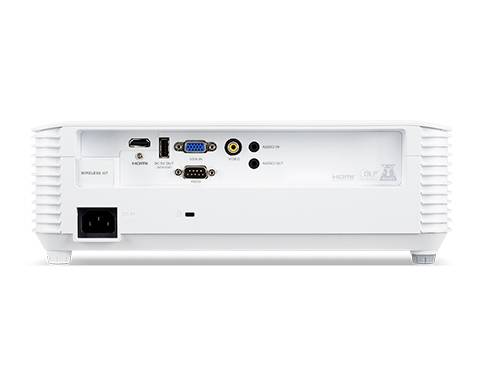 Rückansicht eines weißen Projektors mit mehreren Anschlüssen, einschließlich HDMI, USB, VGA und Audiobuchsen, sowie Netzanschluss.