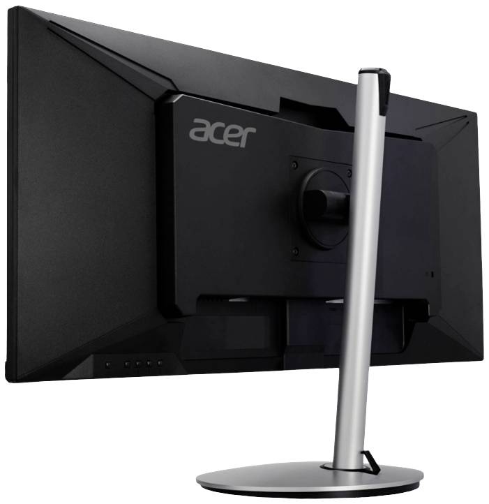 Ein Monitor der Marke Acer, von hinten gezeigt. Der Bildschirm hat eine silberne, runde Halterung und ein mattes schwarzes Design.