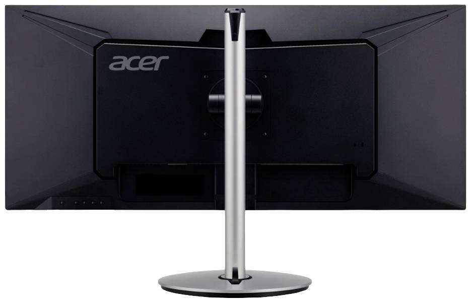 Rückansicht eines Acer-Monitors mit schwarzem Gehäuse und silbernem Standfuß.