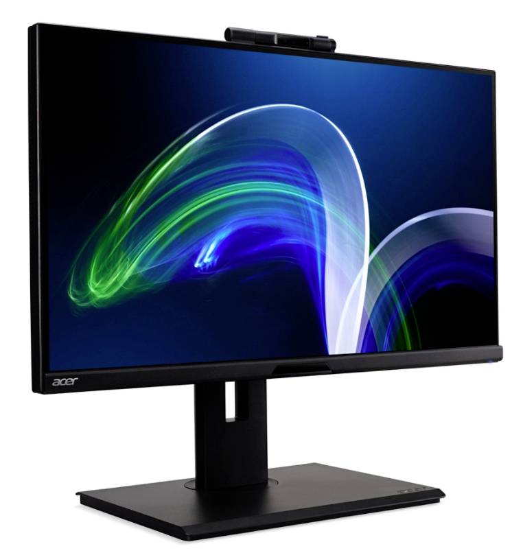 Ein Computerbildschirm auf einem schwarzen Standfuß zeigt farbige Lichtspuren auf einem dunklen Hintergrund.