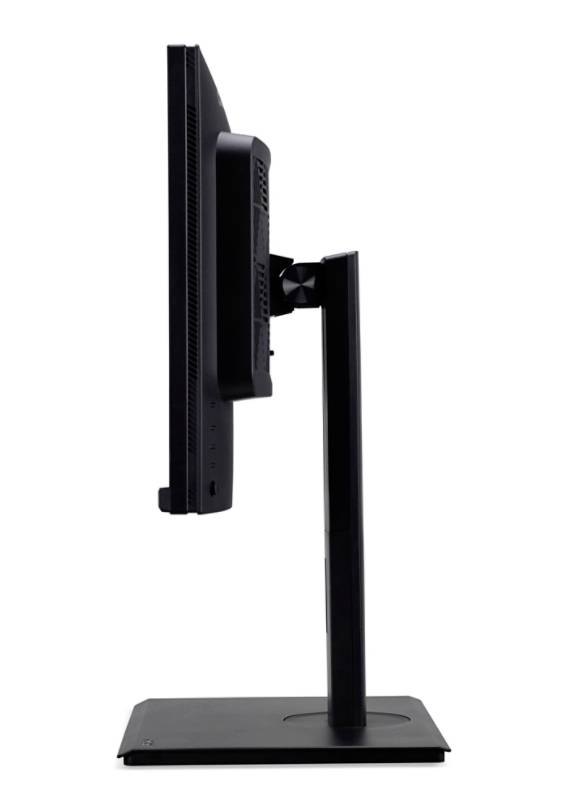 Seitenansicht eines schwarzen Computerbildschirms auf einem Standfuß. Der Bildschirm ist dünn und in einem schlichten Design gehalten.