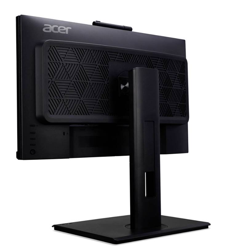 Rückansicht eines schwarzen Computermonitors auf einem rechteckigen Standfuß. Das Acer-Logo ist in der oberen Ecke zu sehen.