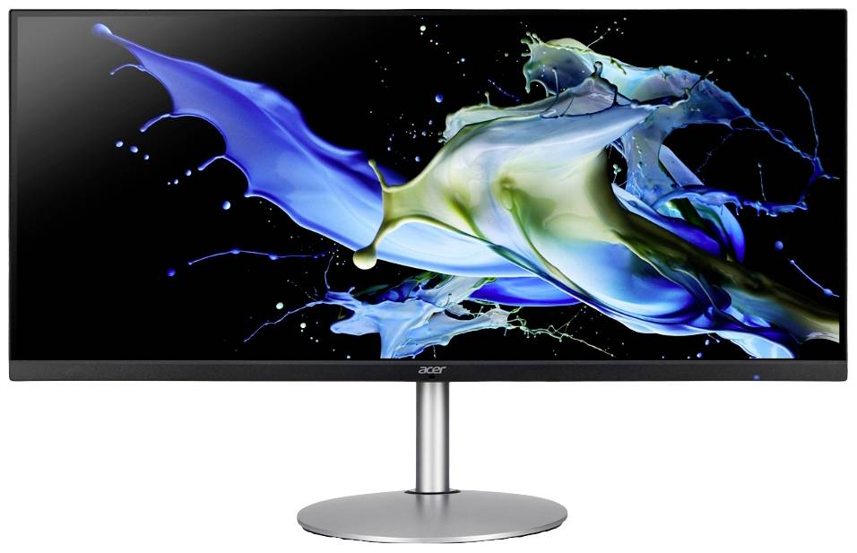 Ein ultrabreiter Monitor mit einem dynamischen, farbenfrohen Farbspritzendesign auf dem Bildschirm, das Technologie und Kreativität darstellt.