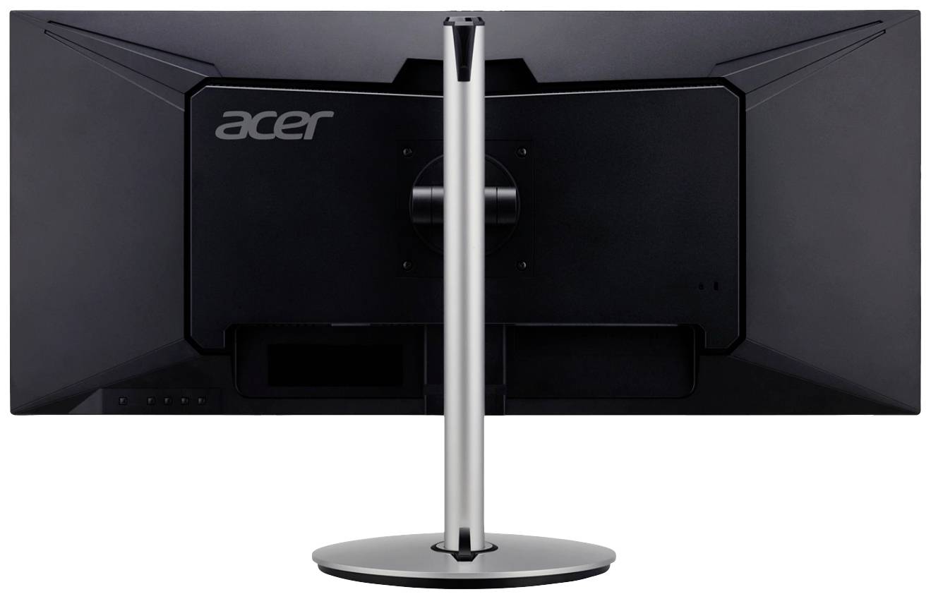 Ein schwarzer Acer-Monitor von hinten, montiert auf einem silbernen Standfuß.