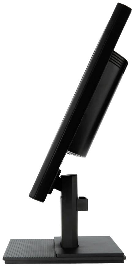 Seitenansicht eines schwarzen Computermonitors auf einem Standfuß. Der Bildschirm ist leicht nach hinten geneigt.