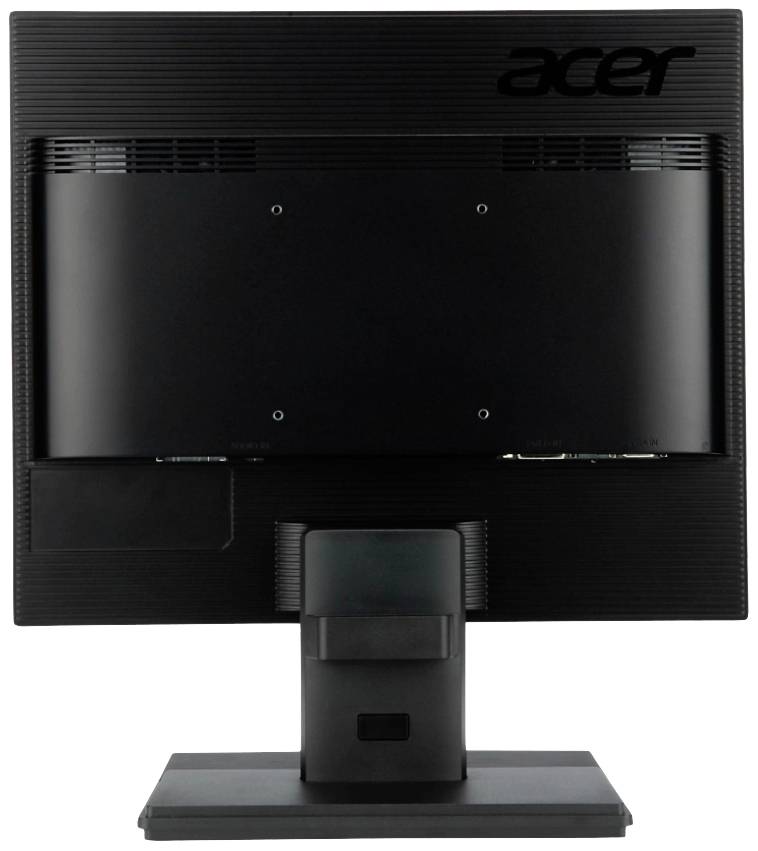 Der Bildschirm eines schwarzen Acer-Monitors von hinten, mit rechteckigem Standfuß und Lüftungsschlitzen oben.