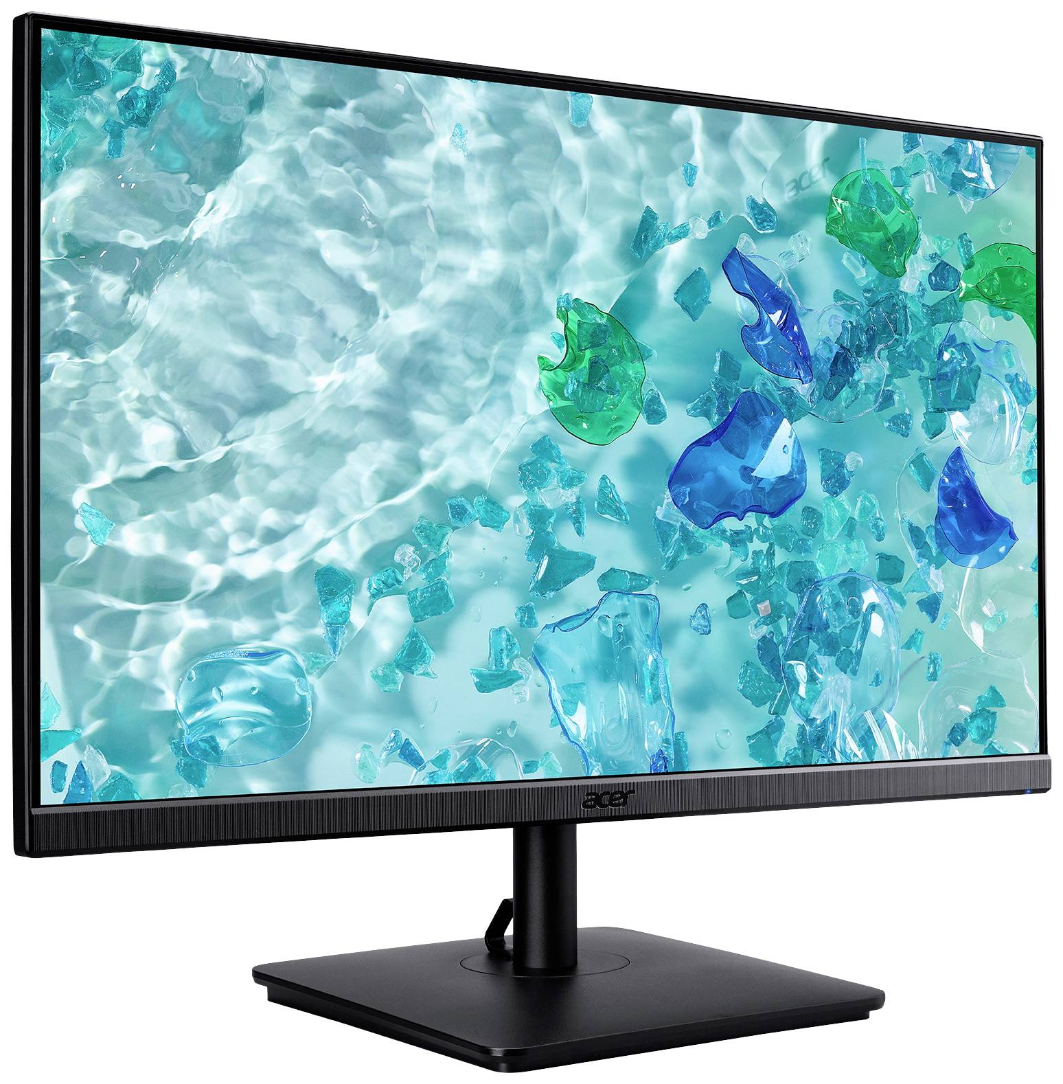 Ein Computerbildschirm auf einem schwarzen Ständer zeigt ein türkisfarbenes Wasserbild mit schwebenden, bunten Glaskunstwerken.