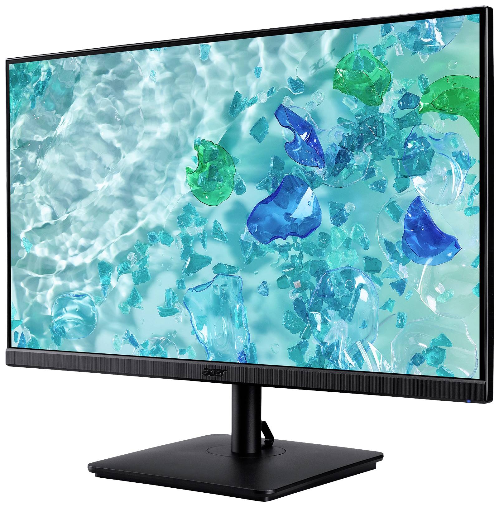 Ein Computerbildschirm von Acer mit einem bunten, abstrakten Hintergrund aus blauen und grünen Formen auf hellem Untergrund.