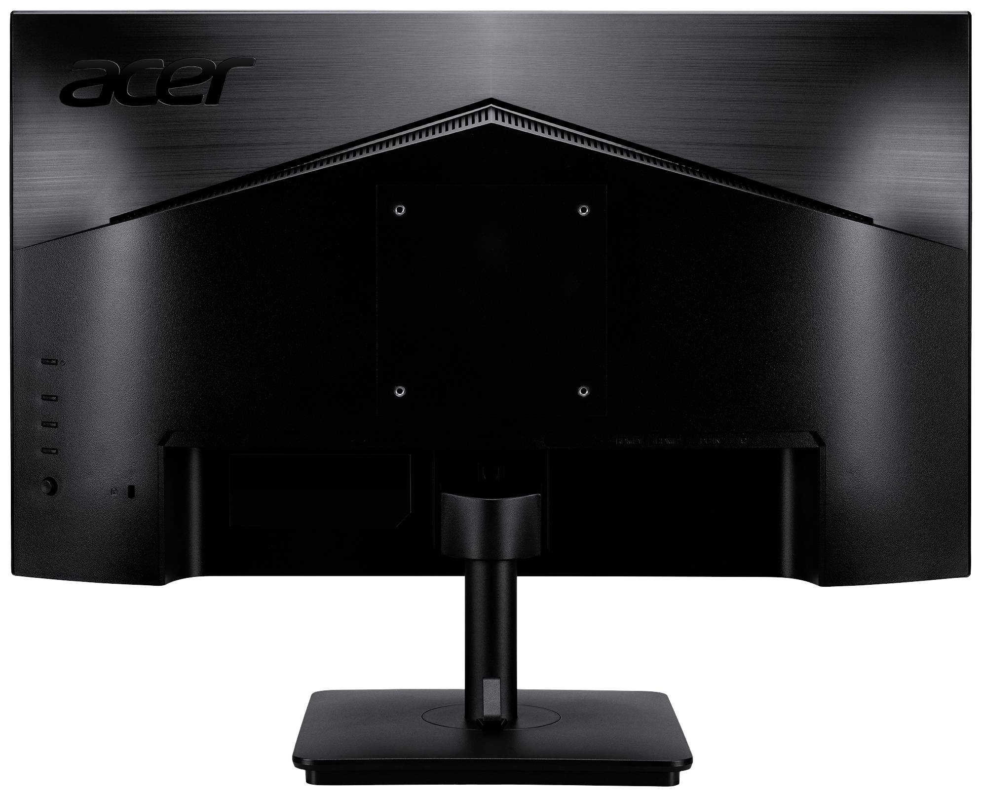 Rückansicht eines Acer-Monitors mit schwarzem Gehäuse und verstellbarem Ständer. Markenlogo oben links sichtbar.