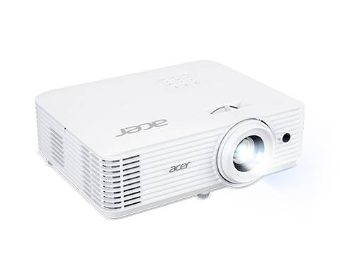 Ein weißer Projektor mit leuchtender Linse, Markennamen 'Acer' erkennbar. Geeignet für Präsentationen oder Filmprojektionen.