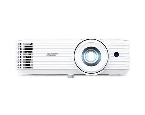 Weißer Projektor mit leuchtendem Objektiv, Markenname 'Acer' sichtbar auf der Frontseite, geeignet für Präsentationen und Heimkino.